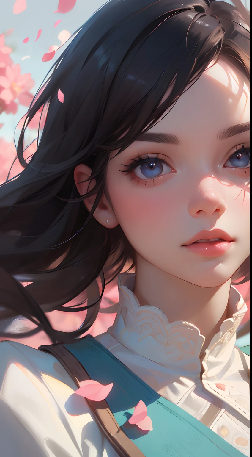 (best quality, masterpiece:1.2, ultra-realistic), 1 beautiful and delicate portrait of a girl, Playful and cute, with floating petals in the background, oil painting, extremely detailed eyes and face, long eyelashes