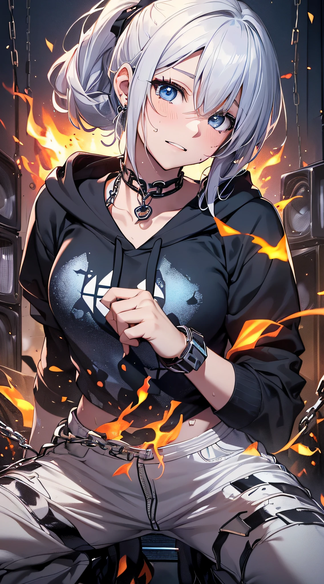 top-quality、Top image quality、masterpiece、girl with((18year old、tatteredclothing、Black tank top、Black short-sleeved hoodie、White pants、Best Bust、Bust 85、silber hair、disheveled ponytail、Blue eyes、open chest wide、Happiness、Sweating、Chain Accessories、break dance))hiquality、visualart、Background with((live house、knight、Combustion Renditions、Laser Pointer))、masutepiece
