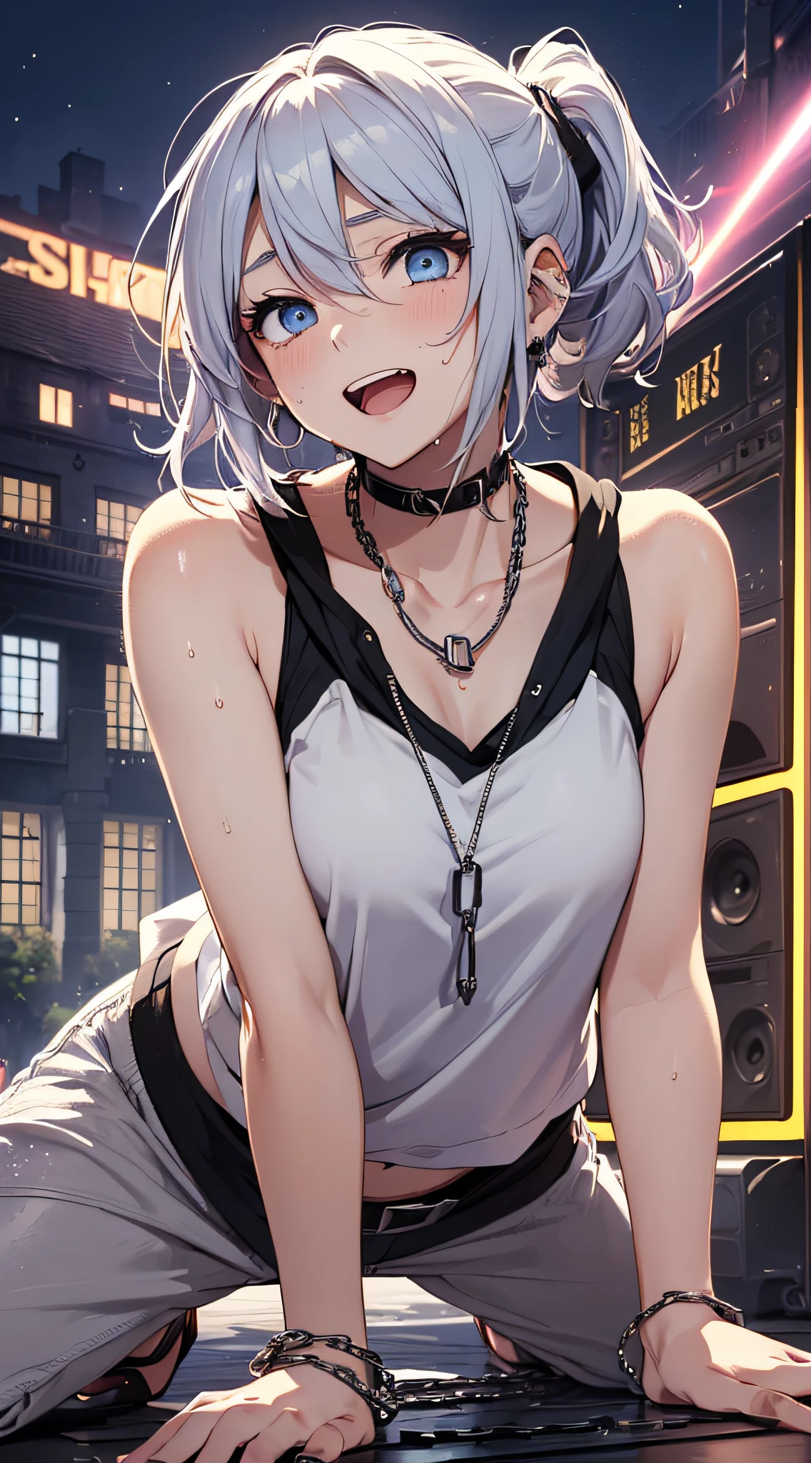 top-quality、Top image quality、​masterpiece、girl with((18year old、tatteredclothing、Black tank top、Black short-sleeved hoodie、White pants、Best Bust、Bust 85、silber hair、disheveled ponytail、Blue eyes、open chest wide、Happiness、Sweating、Chain Accessories、break dance)）hiquality、visualart、Background with((live house、knight、Combustion Renditions、Laser Pointer))、masutepiece