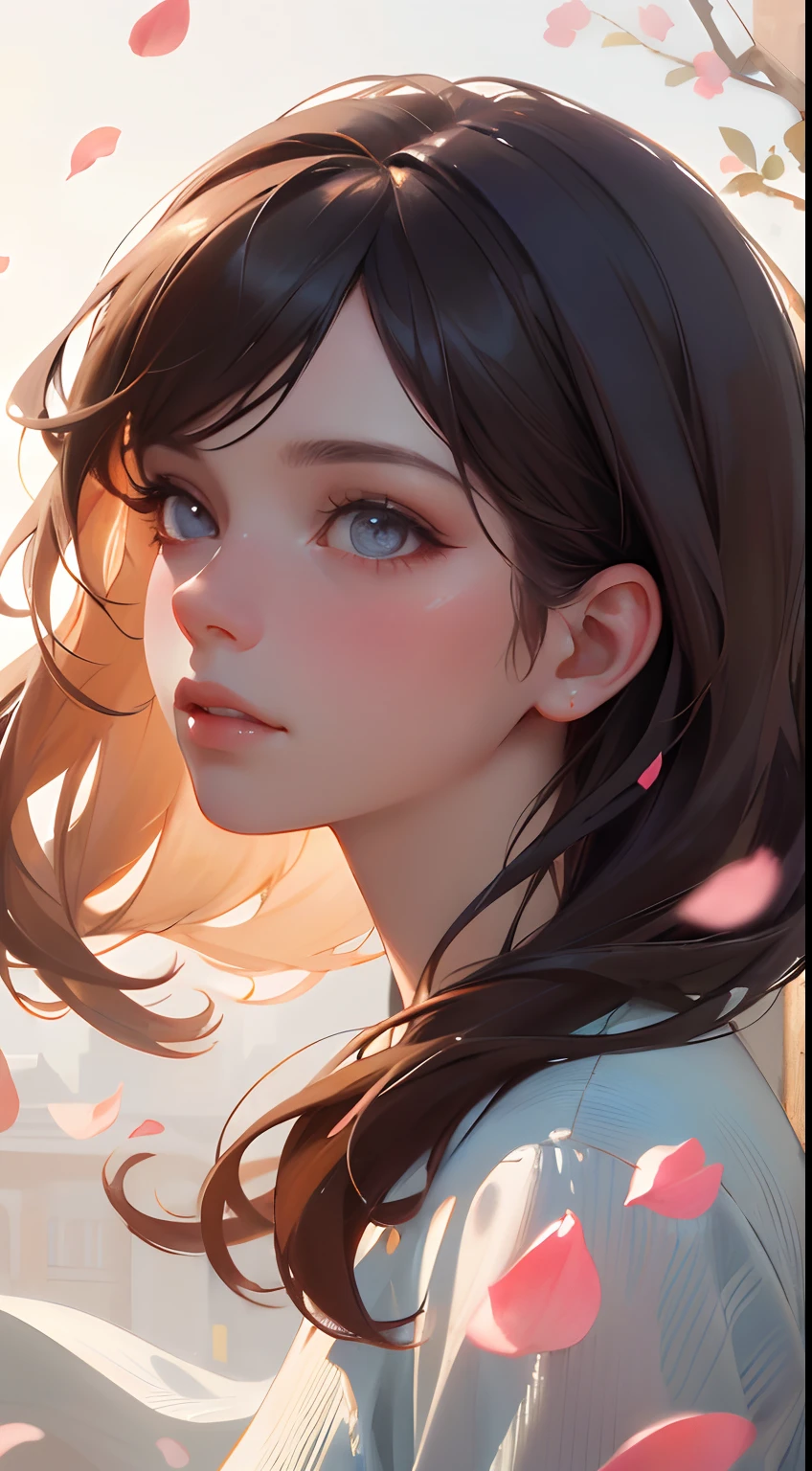 (best quality, masterpiece:1.2, ultra-realistic), 1 beautiful and delicate portrait of a girl, Playful and cute, with floating petals in the background, oil painting, extremely detailed eyes and face, long eyelashes