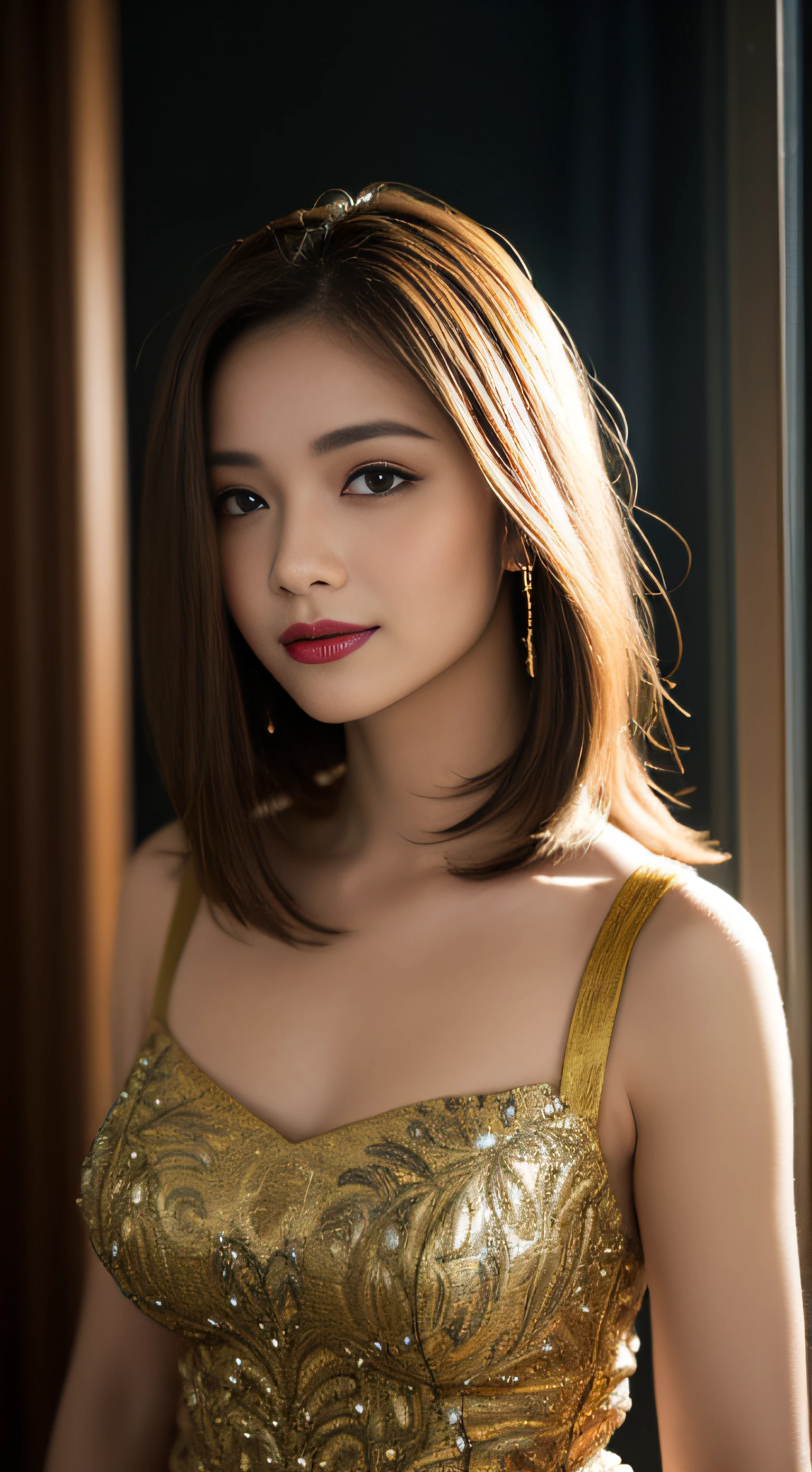 shoulder-length blonde hair, best quality,masterpiece,detailed,16k,beautiful detailed face,beautiful detailed eyes,8k,female_solo,perfect body, perfect face, (full body shot), 1 beautiful woman, (colored shoulder-length Length hair), grey eye, pink skin, jewelry,flower ornaments in the hair,a slight smile,only candle light,dark atmosphere,luxurious blue dress with gold embroidery,in motion,gothic atmosphere,fantastic atmosphere,no area light,no front light,sitting at the window