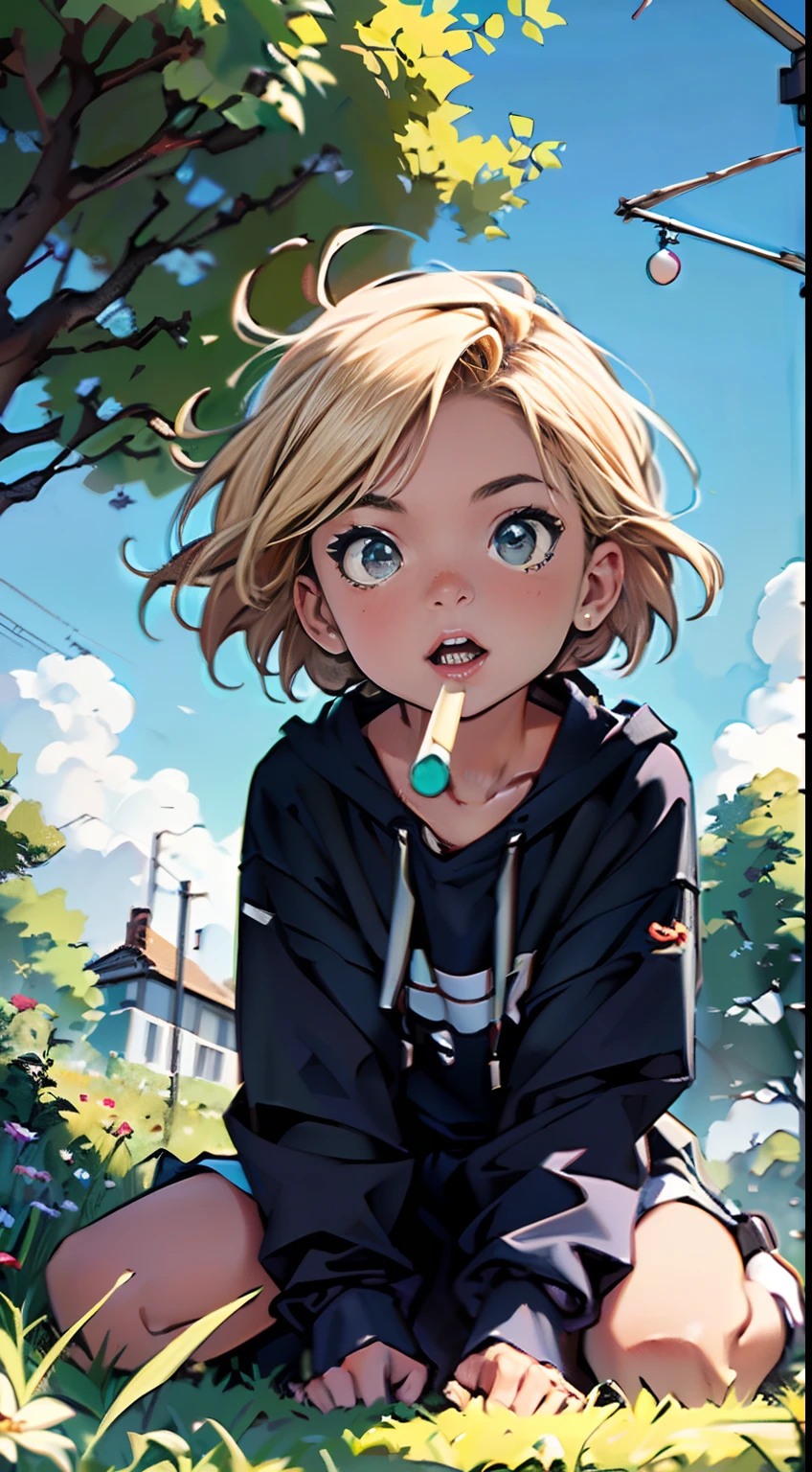 4K, high resolution, Best quality, Masterpiece, perfect colors, perfectly shaded, Perfect lighting, posted on e621, (by Sam yang), masterpiece, digital paint, (close up, Cute girl, 20 years old, blond short hair ), sucking a lollipop, sitting in the grass in a hide park in London. 1990s \(style\),