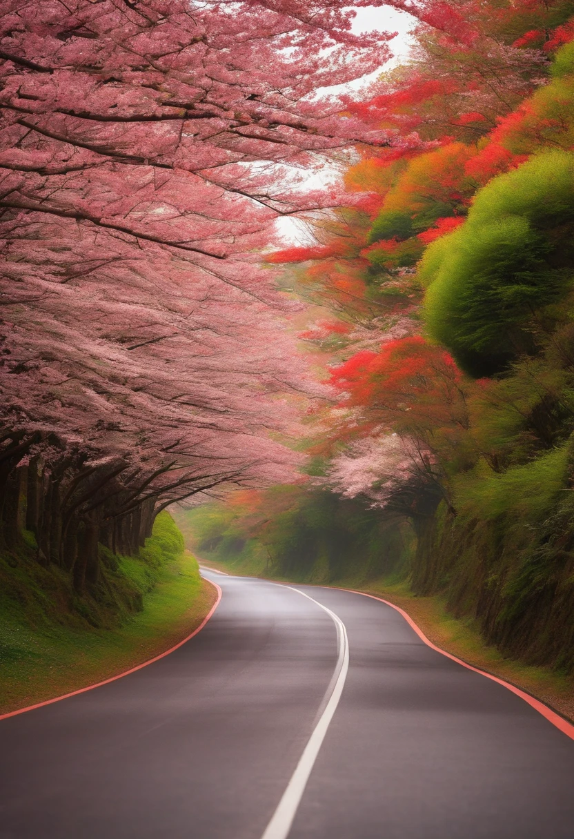 A road in Japan with much sakura tree beside the road