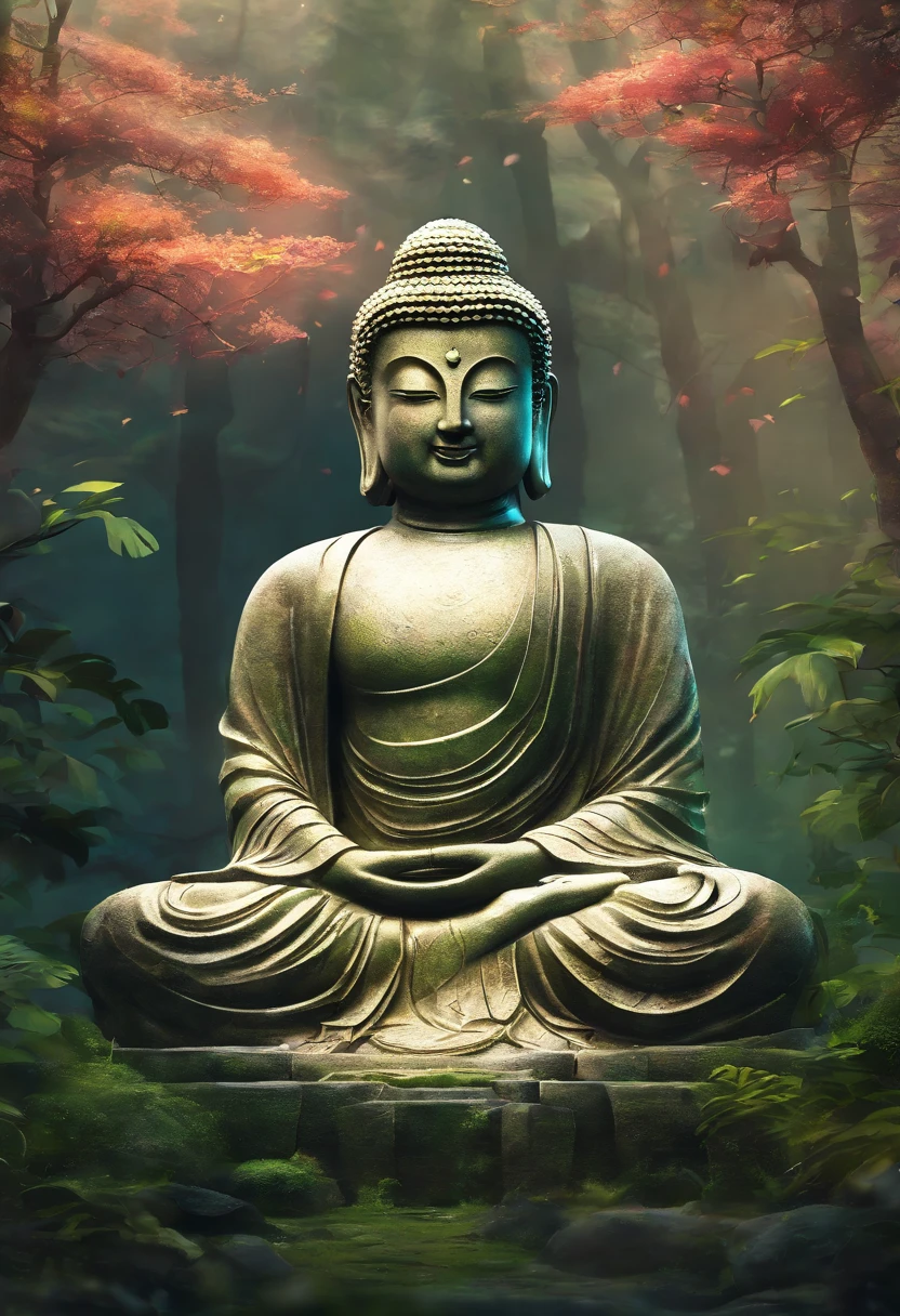 A peaceful Buddha statue seated in a lotus position, carved from smooth, weathered stone, with a gentle smile and closed eyes, exuding a sense of calm and tranquility. The statue is placed in the center of a lush, green forest clearing. Surrounding the statue, vibrant green moss carpets the ground, and delicate, colorful flowers bloom nearby. Tall, ancient trees with thick, gnarled roots encircle the clearing, their branches forming a natural canopy above, with rays of soft sunlight filtering through the leaves. A gentle mist rises from the ground, creating an ethereal atmosphere. In the background, a small, serene pond reflects the image of the Buddha, with floating lotus flowers and koi fish gently swimming. The overall ambiance is one of profound peace and spiritual harmony