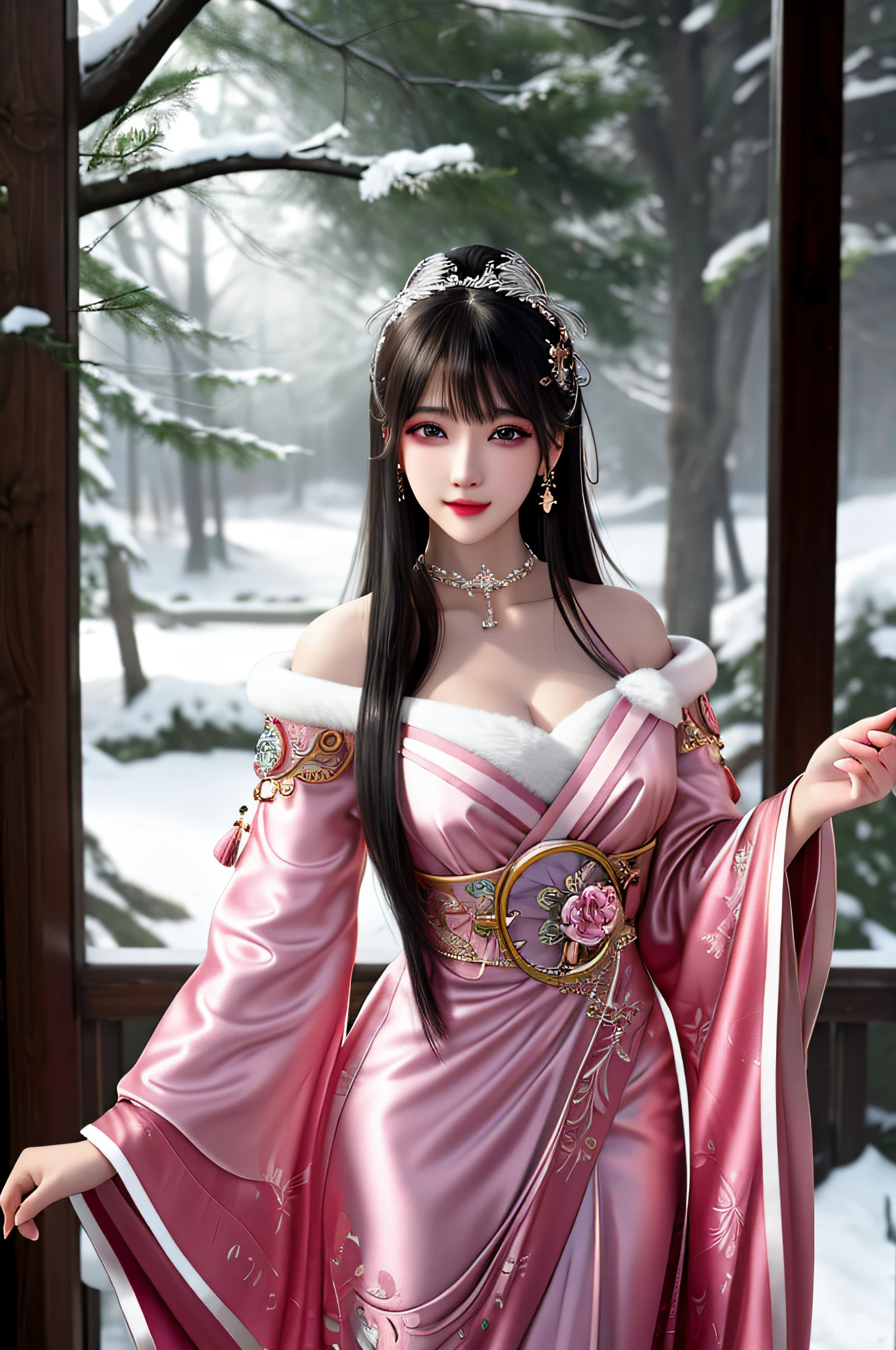 best qualityer,8K, tmasterpiece, A high resolution, 1girll, Clear silk porcelain dress, Fur coat, hair adornments, ssmile, Keep one's mouth shut, cparted lips,Large breasts,Shoulder, shift dresses, hair adornments, choker necklace, jewely, Chinese outfit, long whitr hair, 耳Nipple Ring, Detailed beautiful eyes, detailed eyelashes, beautiful face,after sexing_Body, Tyndall effect,realisticlying, edge lit, twotonelighting,(highdetailskin:1.2), 8K, Ultra HD, digital SLR camera, gentle illumination, high high quality, Volumetriclighting, Frankness, photore, A high resolution, Bokeh, at a forest, Falling snow, Winters, in the afternoon