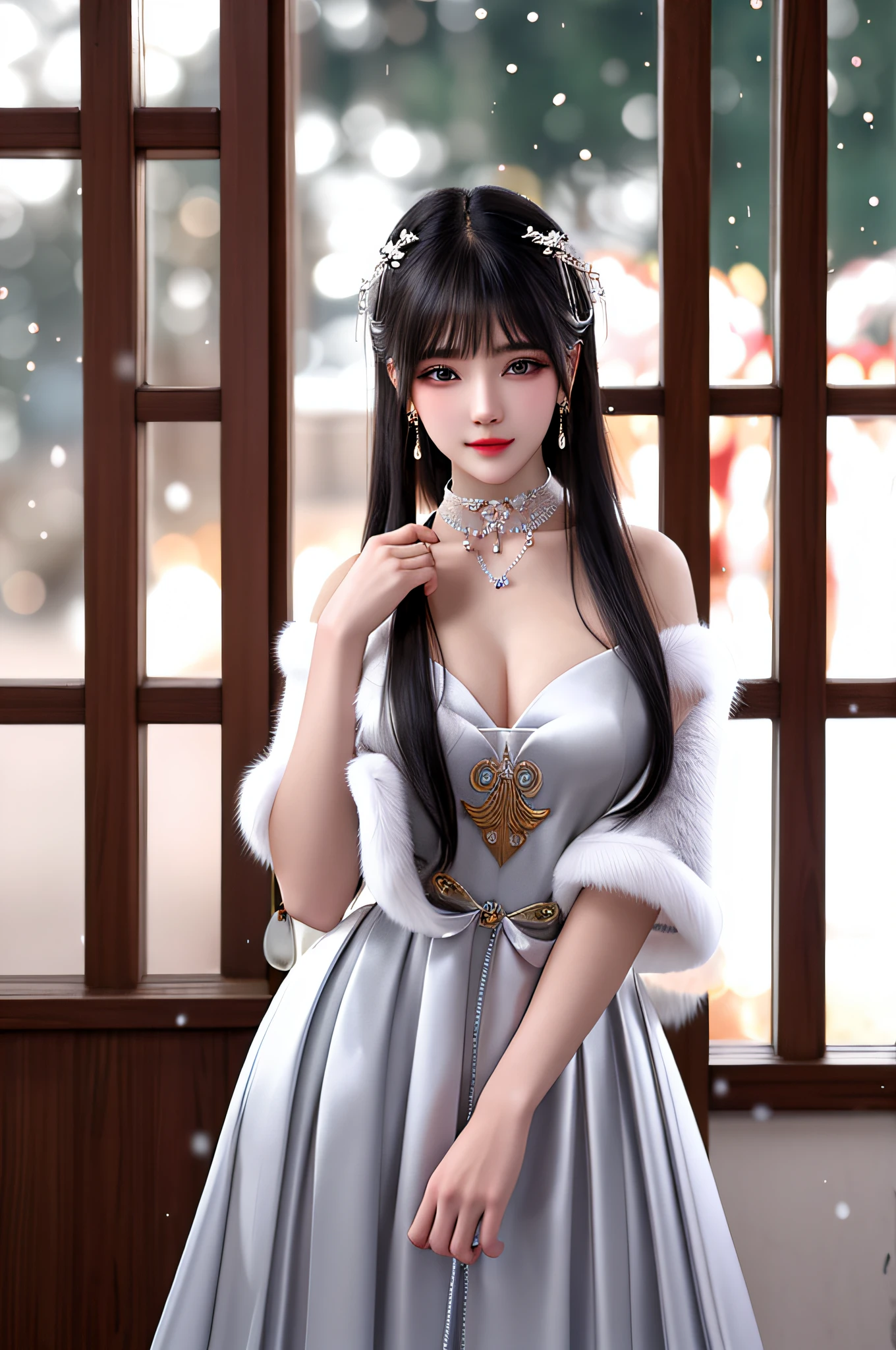 best qualityer，8K， tmasterpiece， A high resolution， 1girll， Clear silk porcelain dress， Fur coat， hair adornments， ssmile， Keep one's mouth shut， cparted lips，Large breasts，Shoulder， shift dresses， hair adornments， choker necklace， jewely， Chinese outfit， long whitr hair， 耳Nipple Ring， Detailed beautiful eyes， detailed eyelashes， beautiful  face，after sexing_Body， Tyndall effect，realisticlying， edge lit， twotonelighting，（highdetailskin：1.2）， 8K, Ultra HD， digital SLR camera， gentle illumination， high high quality， Volumetriclighting， Frankness， photore， A high resolution， Bokeh， at a forest， Falling snow， Winters， in the afternoon