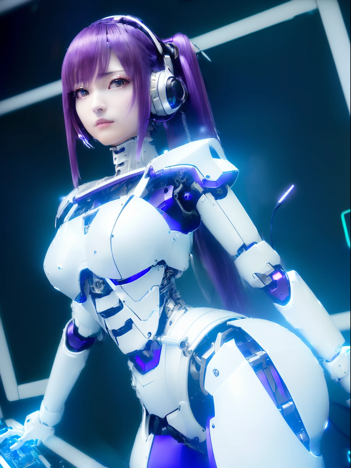 ((masutepiece)), ((top-quality), high quarity、ultra-definition, Realistic, fulcolor 、One beautiful robot woman、Joints of machines、Frame of the machine、Thick wire joints、White porcelain mechanical armor、(Curvaceous face)、deadpan、Purple straight hair、Wide Shot、((Electronic substrate))、((Cyber Ear Machine))