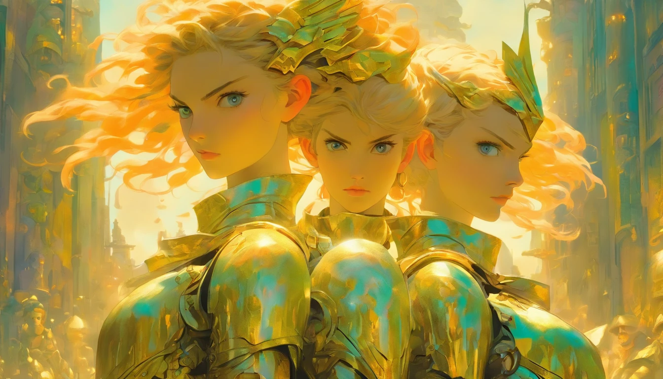 There were two women in armor standing side by side, highly detailed surreal vfx, inspired by Peter Lindbergh, Low saturation and pastel colors, Inspired by Nikolai Avlamov, clockpunk, detailed and beautiful faces, author:Steven James Petroucho, Prometheus (2012)