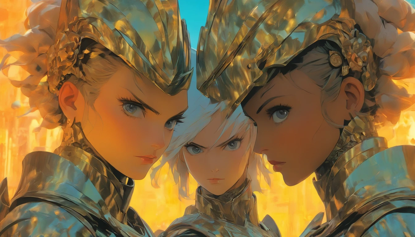 There were two women in armor standing side by side, highly detailed surreal vfx, inspired by Peter Lindbergh, Low saturation and pastel colors, Inspired by Nikolai Avlamov, clockpunk, detailed and beautiful faces, author：Steven James Petroucho, Prometheus (2012)