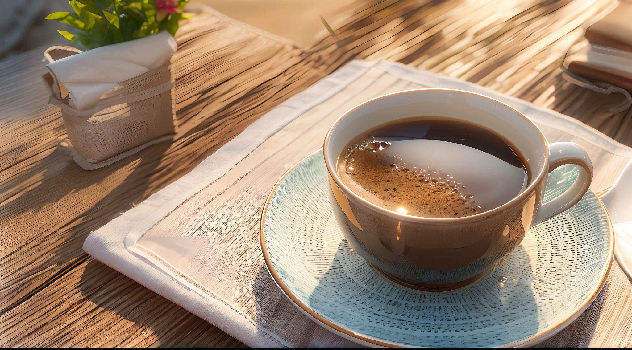 Late Summer Nights, Seaside Cafe, Close-up on a table、If the coffee cup is１One、Sandy beach and sea in front of you, The sun is still in the western sky, Cafe terrace with a calm atmosphere. A cup of coffee is placed on the table. The tree々The color is starting to change, Reminds of autumn. Very realistic, Photorealistic, masutepiece, Best Quality, High resolution, 8K