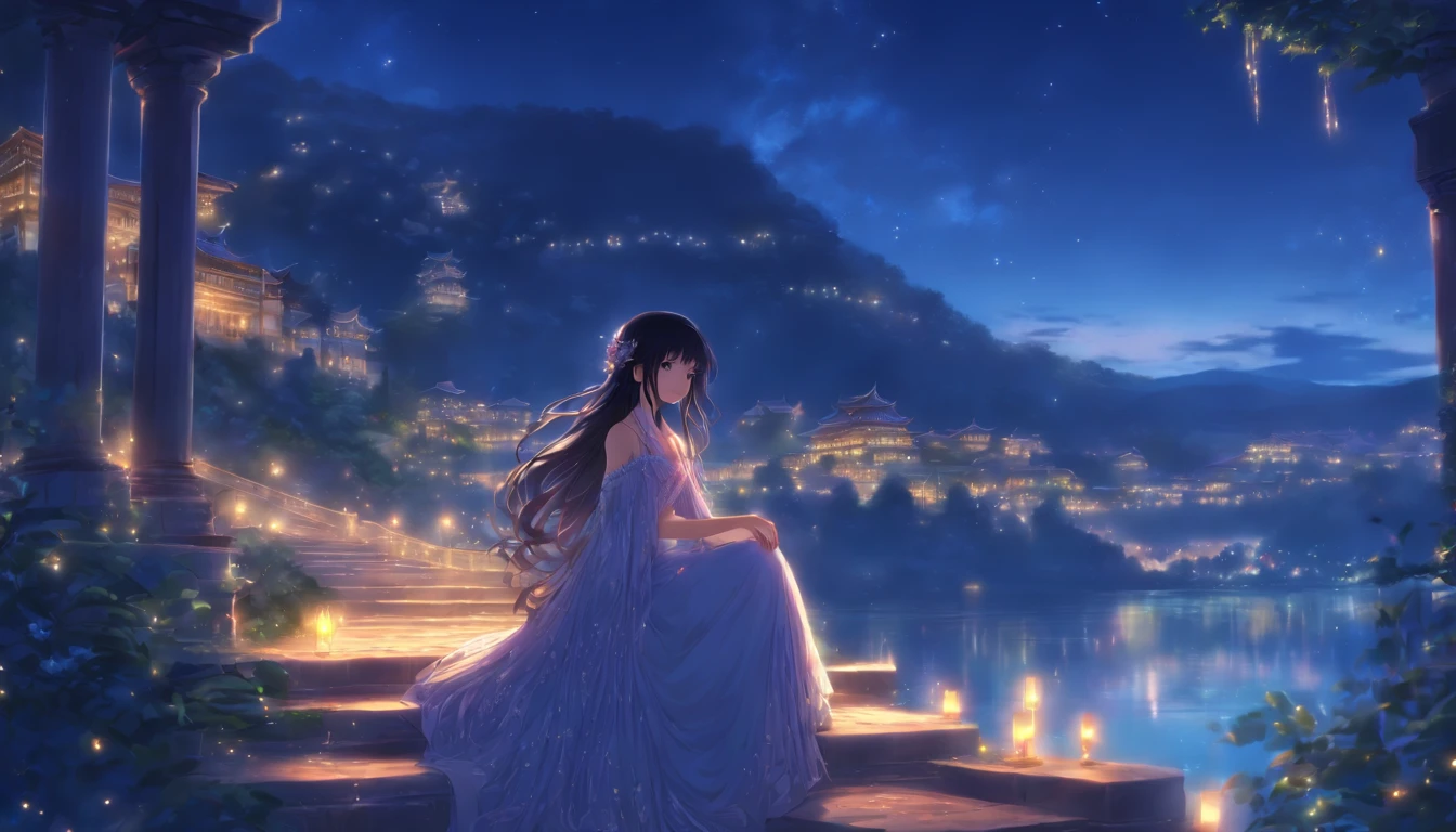 (Masterpiece, Best quality), 1girll(atenea_Asamiya Palace), Cute dress, Long black hair, Sitting, Beautiful outdoor background, Night, forest