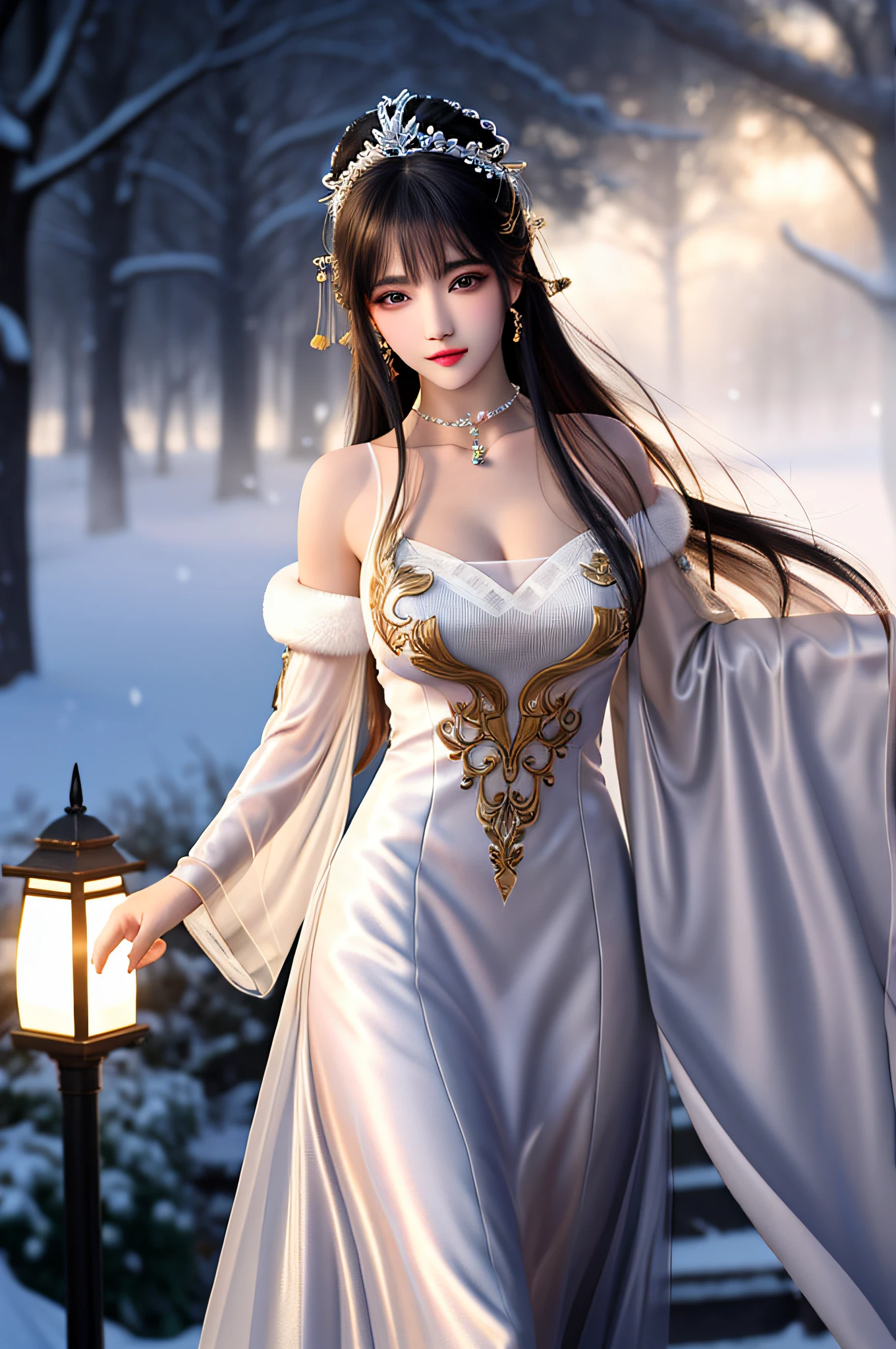 best qualityer，8K， tmasterpiece， A high resolution， 1girll， Clear silk porcelain dress， Fur coat， hair adornments， ssmile， Keep one's mouth shut， cparted lips，Large breasts，Shoulder， shift dresses， hair adornments， choker necklace， jewely， Chinese outfit， long whitr hair， 耳Nipple Ring， Detailed beautiful eyes， detailed eyelashes， beautiful  face，after sexing_Body， Tyndall effect，realisticlying， edge lit， twotonelighting，（highdetailskin：1.2）， 8K, Ultra HD， digital SLR camera， gentle illumination， high high quality， Volumetriclighting， Frankness， photore， A high resolution， Bokeh， at a forest， Falling snow， Winters， in the afternoon