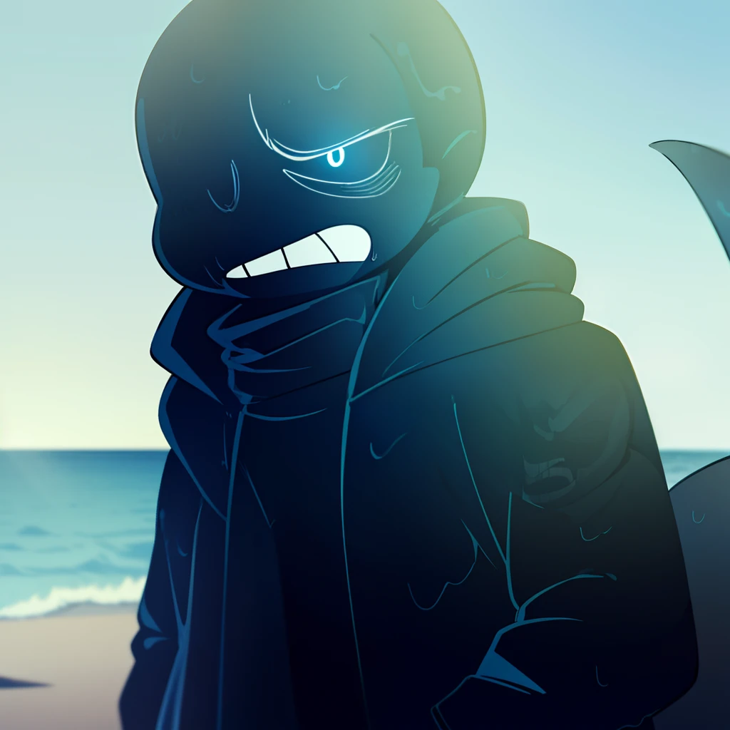 black skeleton, goopy skeleton, nightmare!sans, cyan eye, angry, frowning, hands out shrugging, black goopy jacket, black goopy shirt, black goopy shorts, tentacles, goopy covered eye, cyan outline, beach from behind