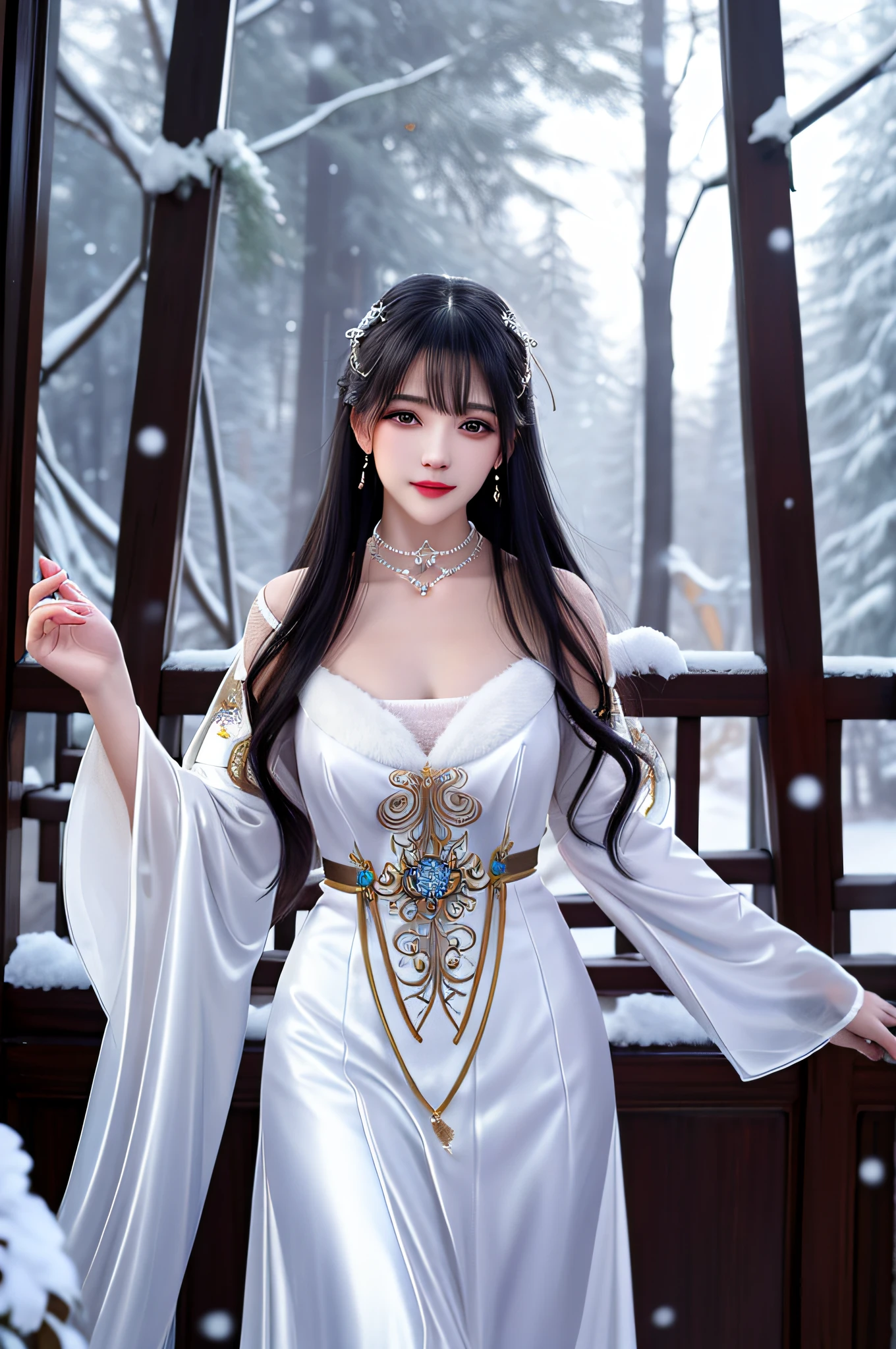 best qualityer,8K, tmasterpiece, A high resolution, 1girll, Clear silk porcelain dress, Fur coat, hair adornments, ssmile, Keep one's mouth shut, cparted lips,Large breasts,Shoulder, shift dresses, hair adornments, choker necklace, jewely, Chinese outfit, long whitr hair, 耳Nipple Ring, Detailed beautiful eyes, detailed eyelashes, beautiful face,after sexing_Body,Slender and long legs, Tyndall effect,realisticlying, edge lit, twotonelighting,(highdetailskin:1.2), 8K, Ultra HD, digital SLR camera, gentle illumination, high high quality, Volumetriclighting, Frankness, photore, A high resolution, Bokeh, at a forest, Falling snow, Winters, in the afternoon
