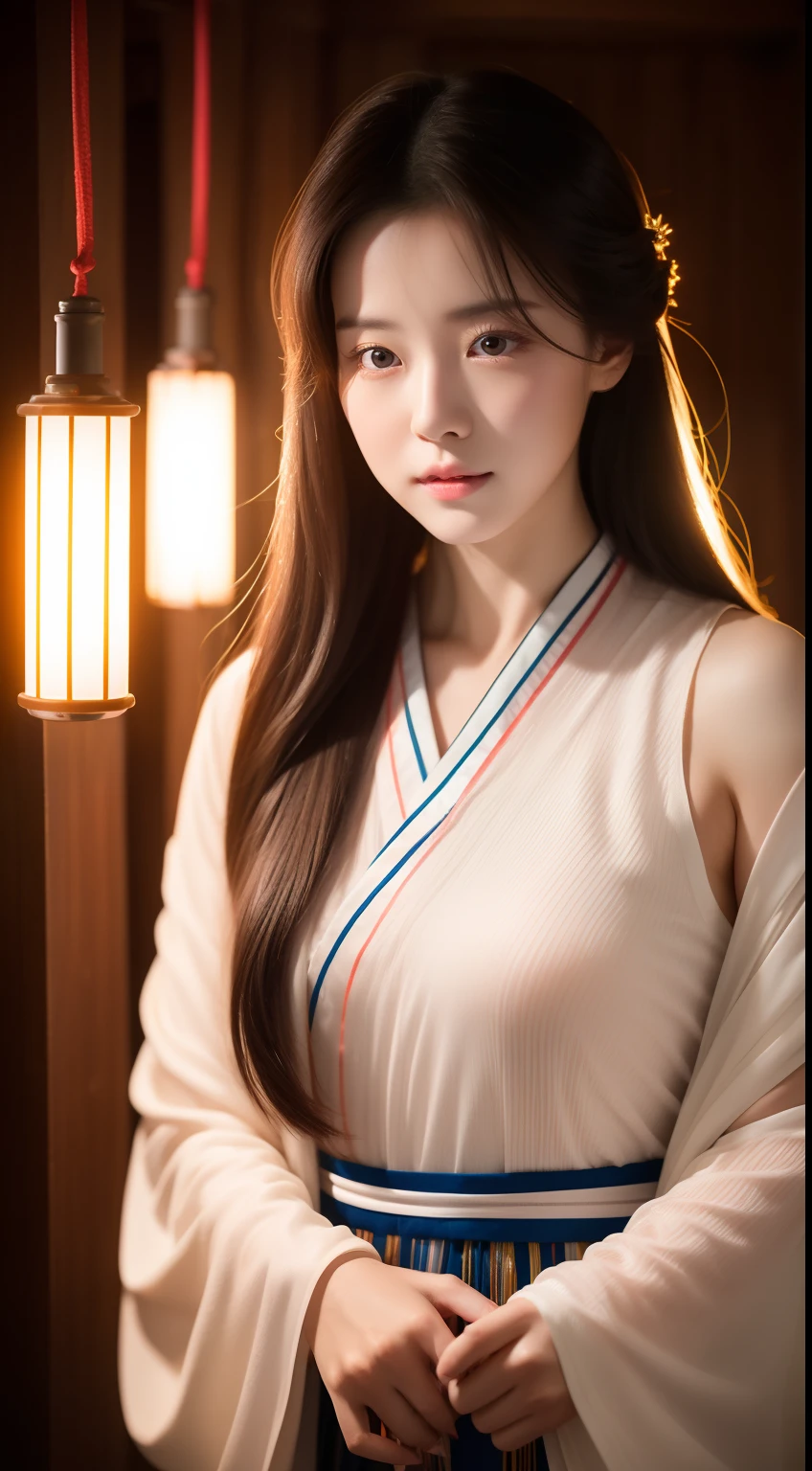 realistic photos of 1 cute Korean star, streaked hair, white skin, thin makeup, 32 inch breasts size, wearing Hanfu, in the shrine, upper body portrait, glowing light, UHD
