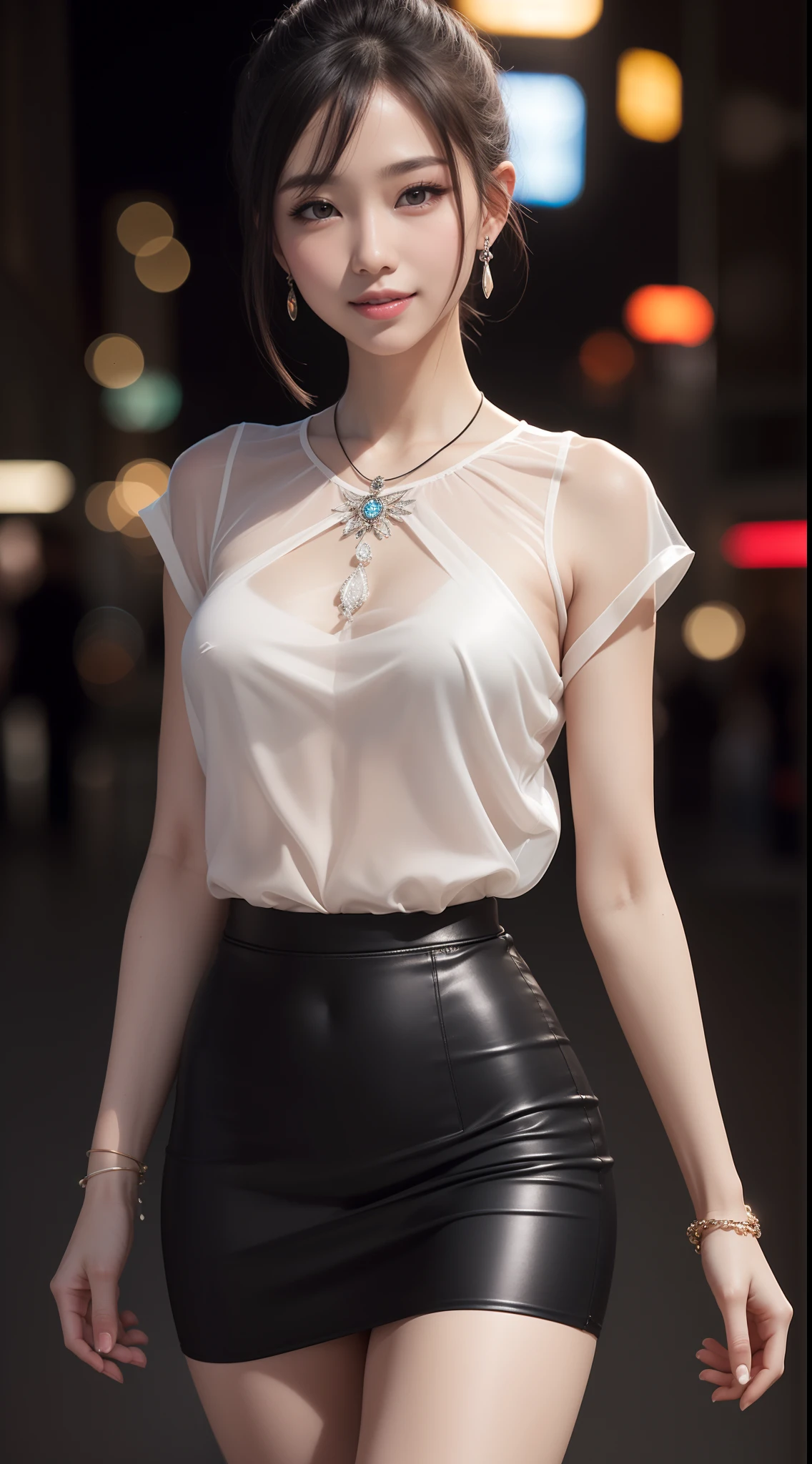 8k, masterpiece, RAW photo, best quality, photorealistic, extremely detailed CG unity 8k wallpaper, Depth of field, Cinematic Light, Lens Flare, Ray tracing, (extremely beautiful face, beautiful lips, beautiful eyes), intricate detail face, ((ultra detailed skin)) 1girl, in the dark, deep shadow, pretty korean girl, kpop idol,(very slim slender fit-muscled body), ((looking at viewer)),(big smile), city night, (neon sign), (blurry background), midnight, (vacant city), (without people in the background), pretty asian girl, earrings, bracelets, necklace, clear eyes, shot, (pale skin), face forward, (big eyes), ((close up shot)), (ponytail) (looking at viewer), medium breasts,((smile)), (see through), ((laced top)), ( very slim), (silk shirts), (silk skirt), short hair, thick thighs