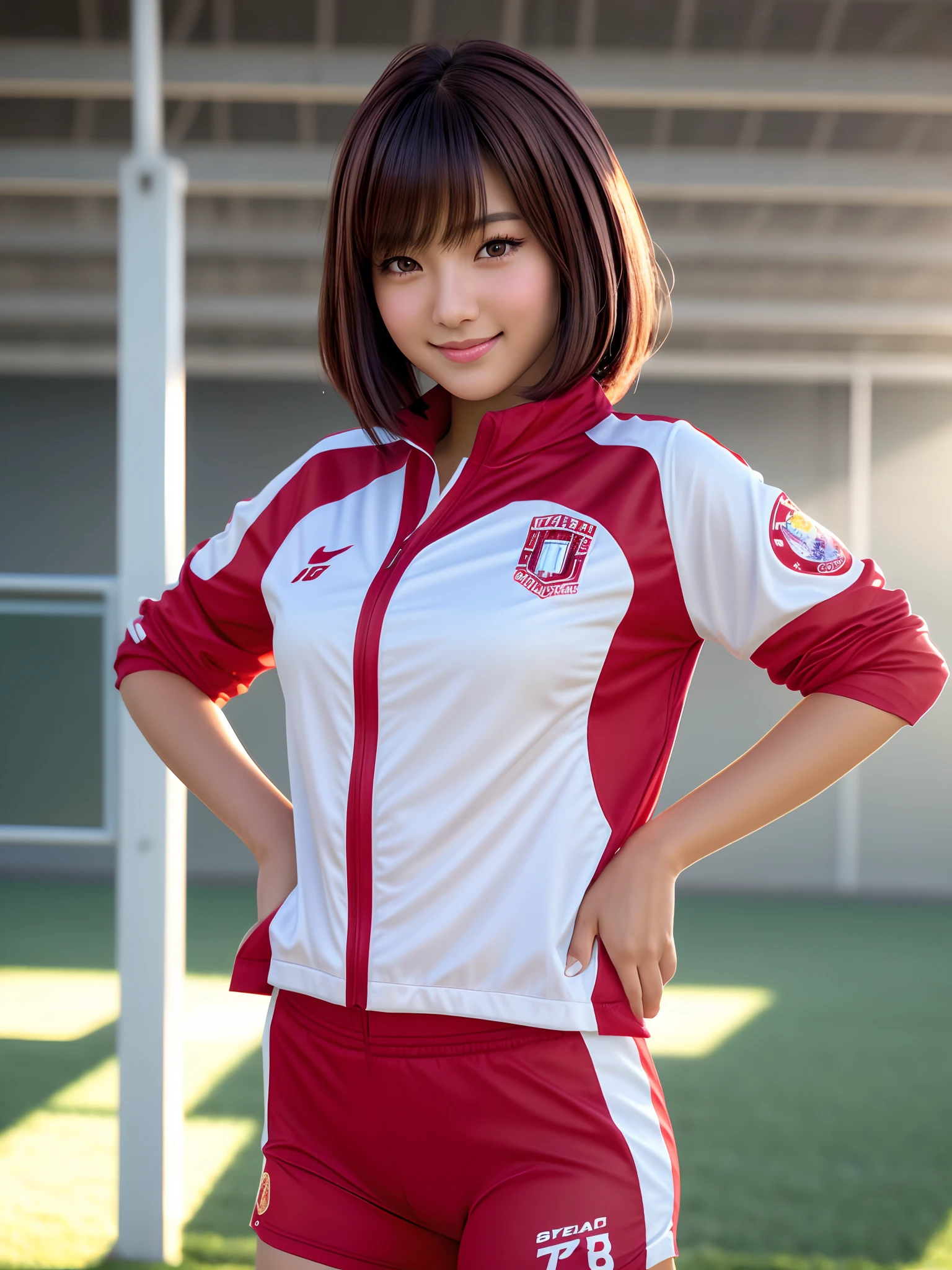 product quality, 1girl in 1photo, cowboy shot, front view, young pretty girl in Japan, bob hair, a big smile, glamorous figure, wearing a red PE uniform, standing alone on a sport ground of a high school, super cute face, glossy lips, double eyelids for both eyes, natural makeup, long eyelashes, shiny smooth light brown bob hair, asymmetrical bangs, tanned skin, center image, high resolution, detailed hairstyle, detailed face, spectacular movie lighting, octane rendering, hyper realistic, perfect limbs, perfect anatomy