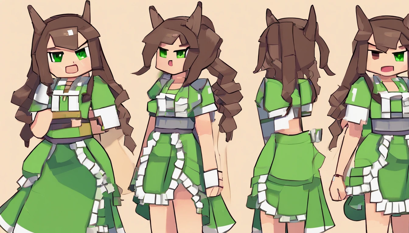1girll, Solo, umamusume, Horse girl, Horse Ears, horse tails, Brown eyes, Brown hair, Long hair, Light smile, Ear arch, frill skirt, Green skirt, high waisted skirt, puffy short sleeves, Thin, Slender, (Japanese:0.8)