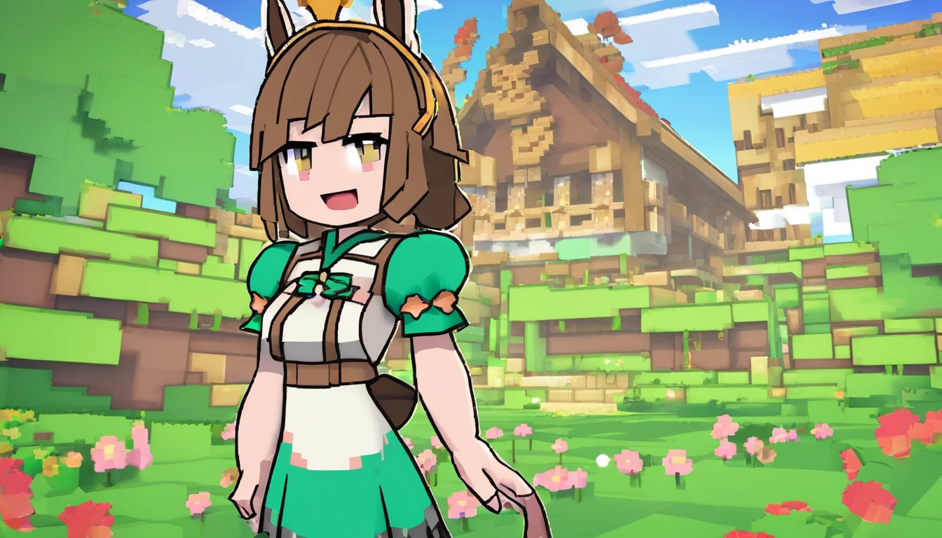 1girll, Solo, umamusume, Horse girl, Horse Ears, horse tails, Brown eyes, Brown hair, Long hair, Light smile, Ear arch, frill skirt, Green skirt, high waisted skirt, puffy short sleeves, Thin, Slender, (Japanese:0.8)