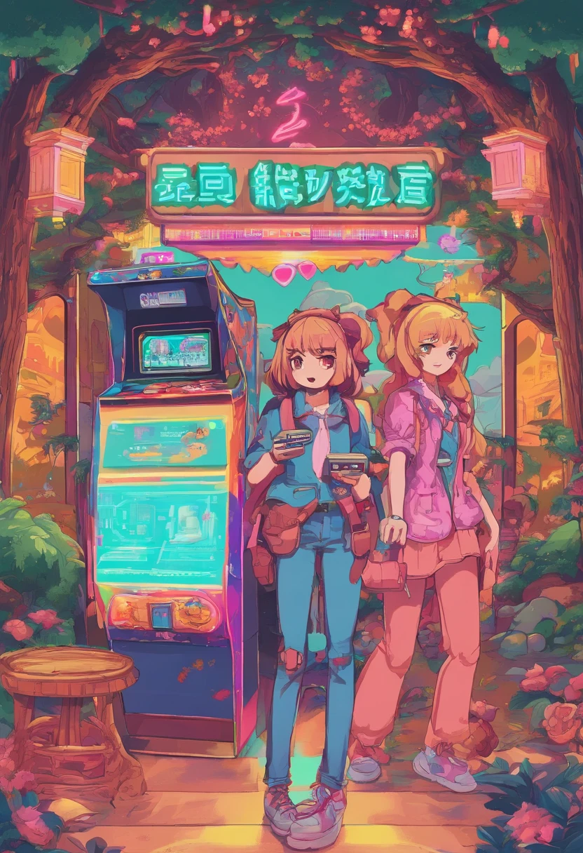Girls use VR、AR、cameras、camera、Painting related elements、UAVs、mapping tools, etc))People drawing items to take pictures of the tree-lined little park 、 --auto