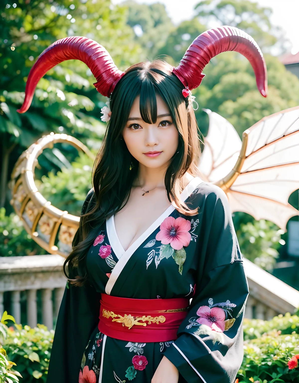 ((White ghost flies)),Professional , masterpiece、top-quality、photos realistic , depth of fields 、(Various poses)、(Background of cherry blossoms in full bloom),(Ultimate Beauty)、(A dark-haired)、(Fight ninjas)、Mystical expression、(Kimono with scary pattern)、(Night background)、((Devil's Wings Grow)),(Wear a kimono with a horror pattern),Armpit、(Wearing a beautiful kimono with colorful scary patterns)、Jewel Gold Weapon、Particles of light),(Has a devil's mask)、Gorgeous gold weapons ,Skeleton population、(( Gorgeous Dragon Sword)) , (a dark night),,(White ghost flies) 、((Black Haired Beautiful Girl))、(Castle background)、(demonic wings)、((Gangle's forest background))、Beautiful Caucasian beauty、1a person、dynamic ungle,(((Two devil's horns on the head)))、Smaller head、Idle Smile、Thin and beautiful female hands、Mystical expression、Light Effects、intense fighting、Wind-effect、magic circles、With the legendary magic wand、Dragon's tail、