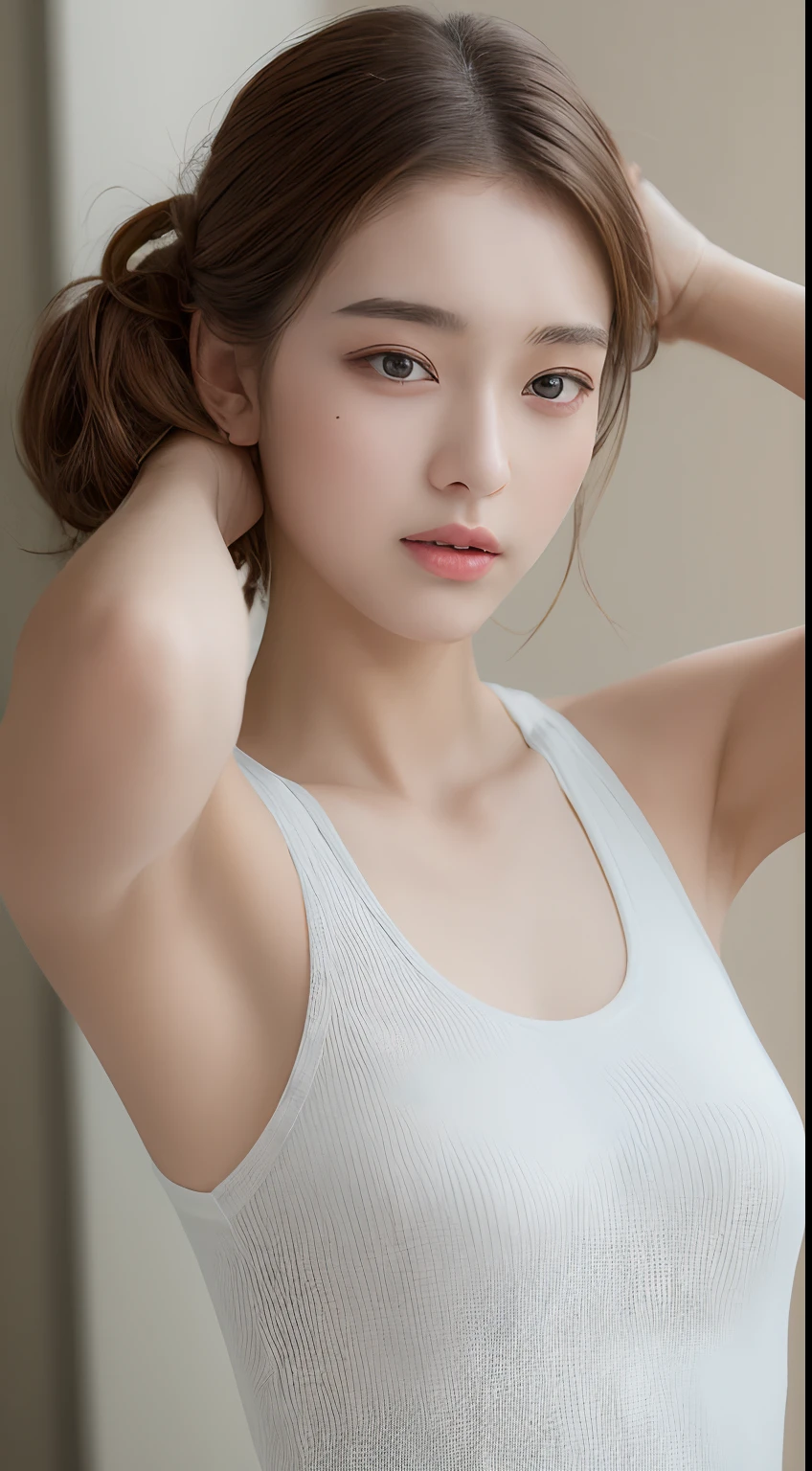 Best quality, masterpiece, super high resolution, (realistic: 1.4), original photo, wallpaper, head photo, skin, simple background, black eyes, detail, selfie, 1 girl, 18 years old, breeze, sunshine, kitchen, fruit