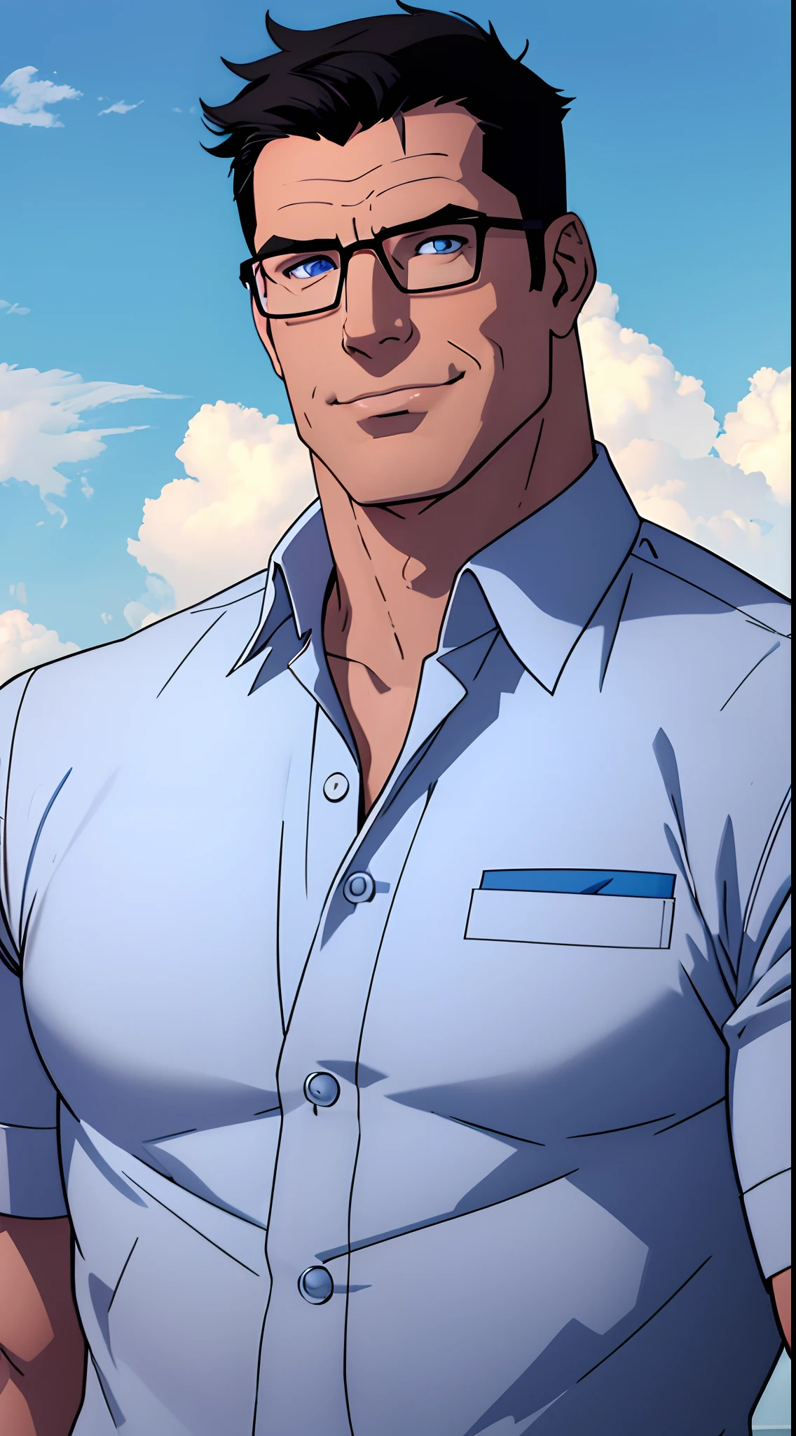 1 man, solo, Clark Kent , muscular male, daddy, macho, large pectorals, male focus, middle-aged man, glasses, black hair, short hair, a strand of hair on forehead, blue eyes, smiling, face focus, white formal shirt, upper body shot, skycrapers, ((masterpiece))