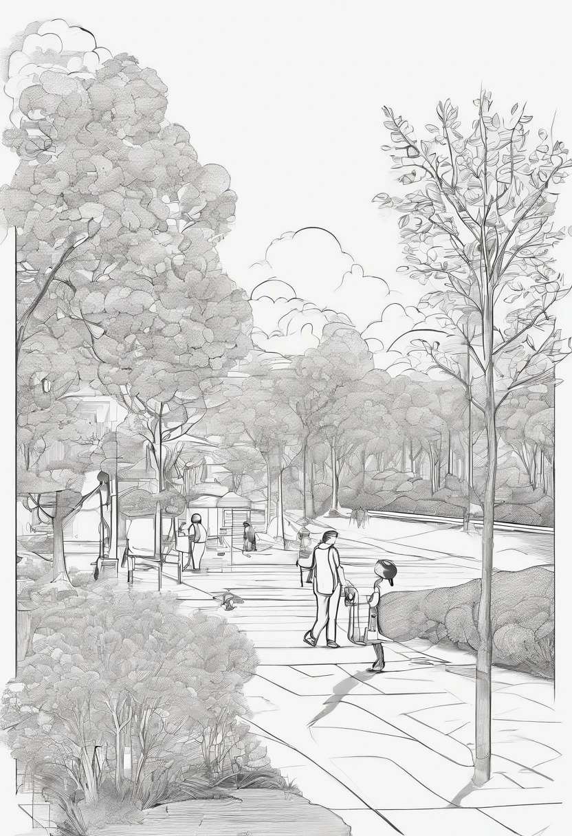 (Boys use VR、AR、cameras、camera、Painting related elements、UAVs、mapping tools, etc))People drawing items to take pictures of the tree-lined little park --auto
