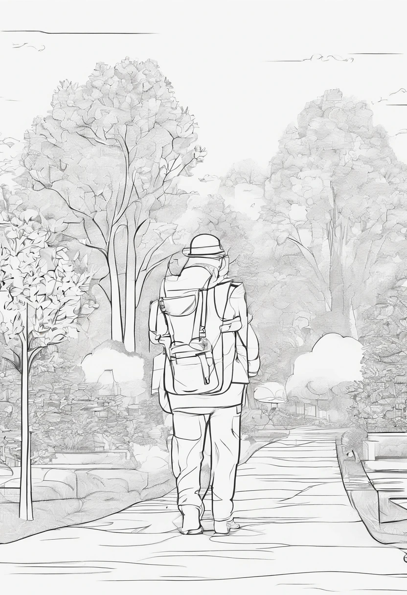 (Boys use VR、AR、cameras、camera、Painting related elements、UAVs、mapping tools, etc))People drawing items to take pictures of the tree-lined little park --auto