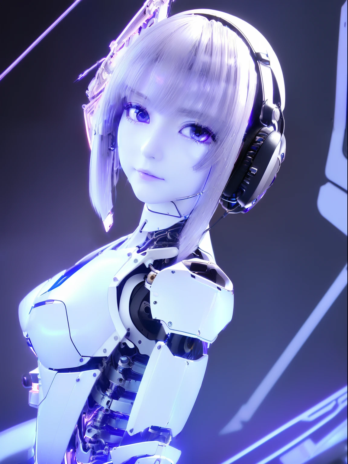 ((masutepiece)), ((top-quality), high quarity、ultra-definition, Realistic, fulcolor 、One beautiful robot woman、Joints of machines、Frame of the machine、Thick wire joints、White porcelain mechanical armor、(Curvaceous face)、deadpan、Purple straight hair、Wide Shot、((Electronic substrate))、((Cyber Ear Machine))
