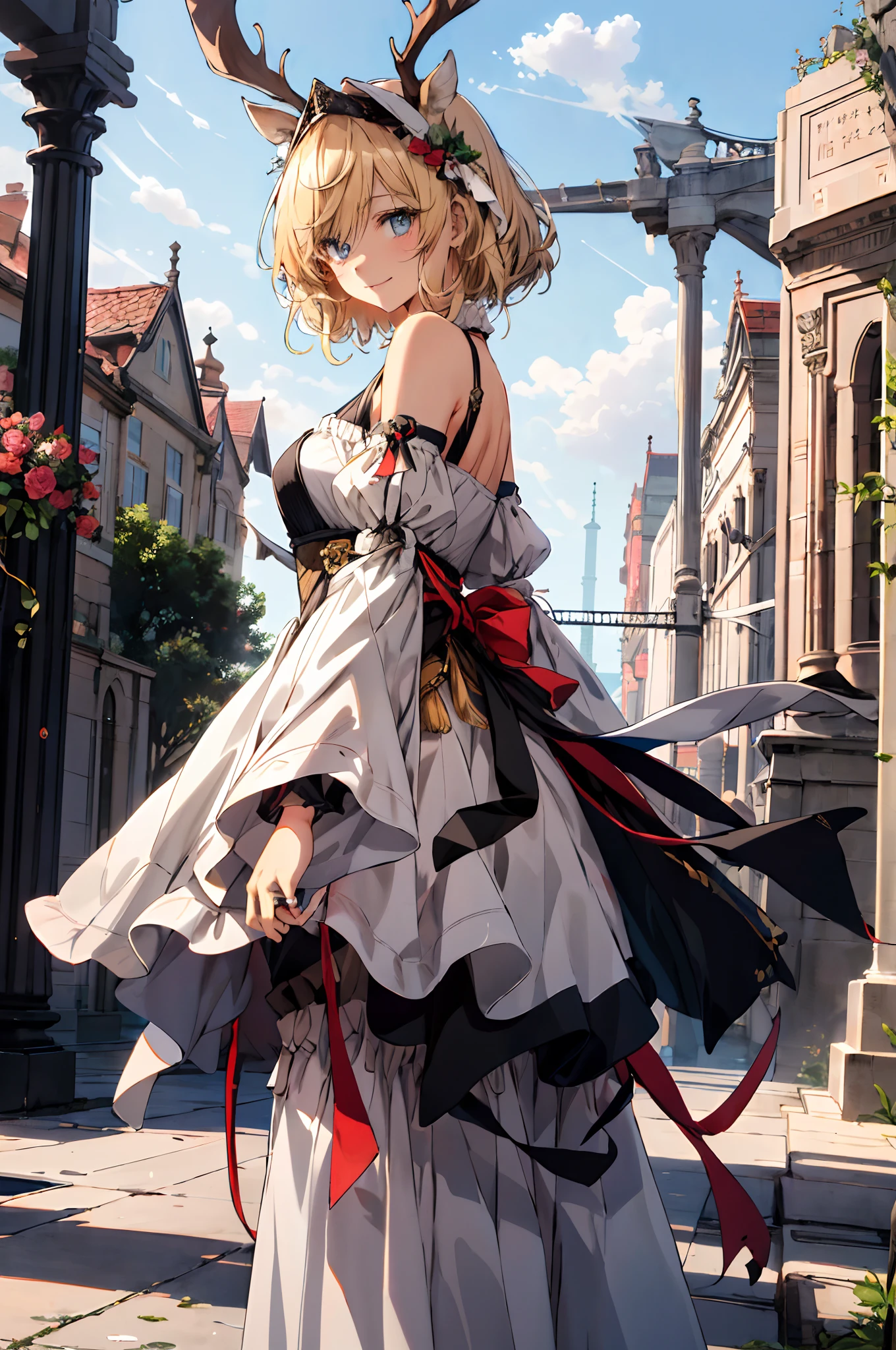 (tmasterpiece、top-quality、illustratio、Extremely high quality、high-level image quality、Extremely sensitive writing)Blonde girl standing in beautiful garden、A slight smile、She has a large bouquet、Cute national costume style dress，There are ruffles on the shoulders、Hair fluttering in the wind