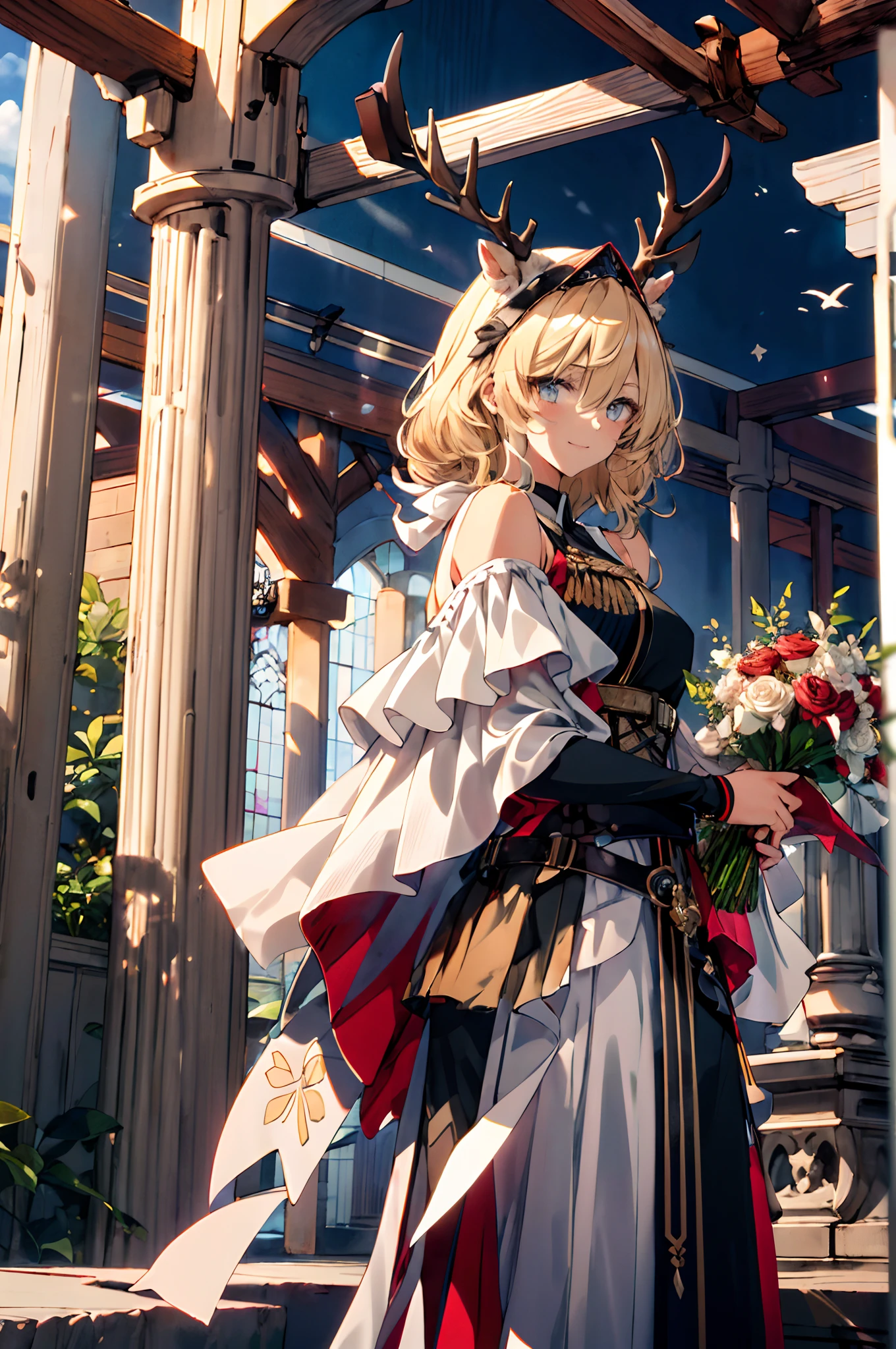 (tmasterpiece、top-quality、illustratio、Extremely high quality、high-level image quality、Extremely sensitive writing)Blonde girl standing in beautiful garden、A slight smile、She has a large bouquet、Cute national costume style dress，There are ruffles on the shoulders、Hair fluttering in the wind
