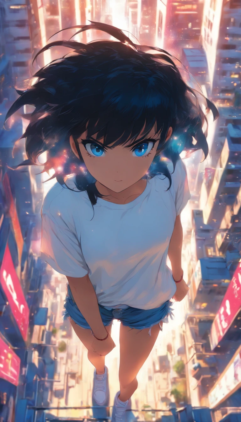 1girl, short black hair, blue eyes, wearing plain white shirt, denim shorts, city, absurdres, high res, ultrasharp, 8K, masterpiece, looking at viewer