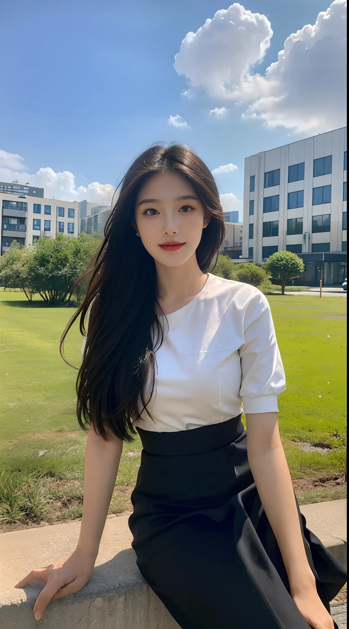 ((Best Quality, 8K, Masterpiece:1.3)), A beautiful girl, pure, melon face, gentle and cute, sweet smile, pure desire, thin figure, (frontal), (tilted head), looking directly at the camera, uniform, obi, formal, black silky long straight hair, long hair flowing over the shoulders, round black big eyes, clear big eyes, moist red lips, sweet, sitting on the side of the road, blue sky and white clouds, grass, buildings,