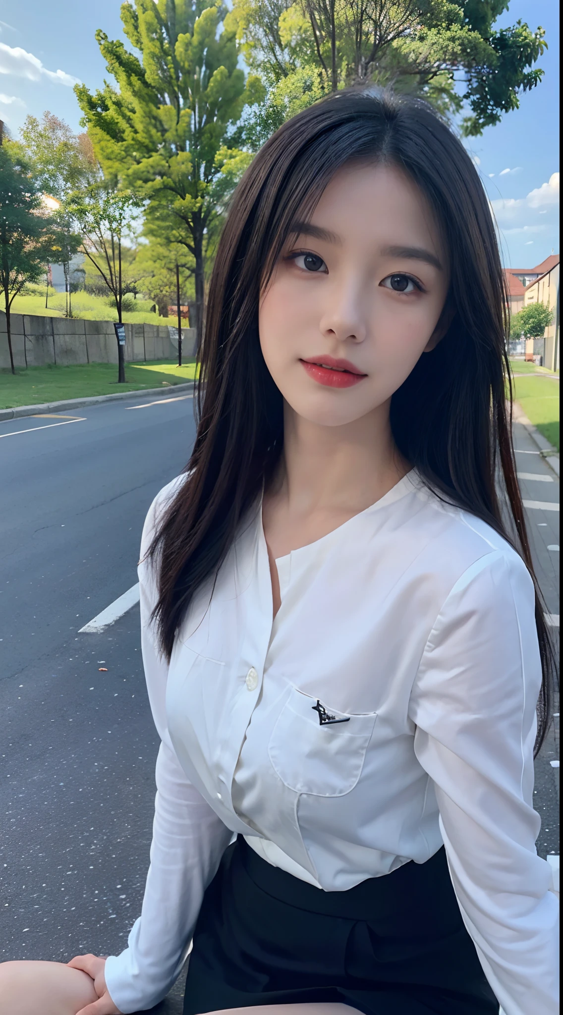 ((Best Quality, 8K, Masterpiece:1.3)), A beautiful girl, pure, melon face, gentle and cute, sweet smile, pure desire, thin figure, (frontal), (tilted head), looking directly at the camera, uniform, obi, formal, black silky long straight hair, long hair flowing over the shoulders, round black big eyes, clear big eyes, moist red lips, sweet, sitting on the side of the road, blue sky and white clouds, grass, buildings,