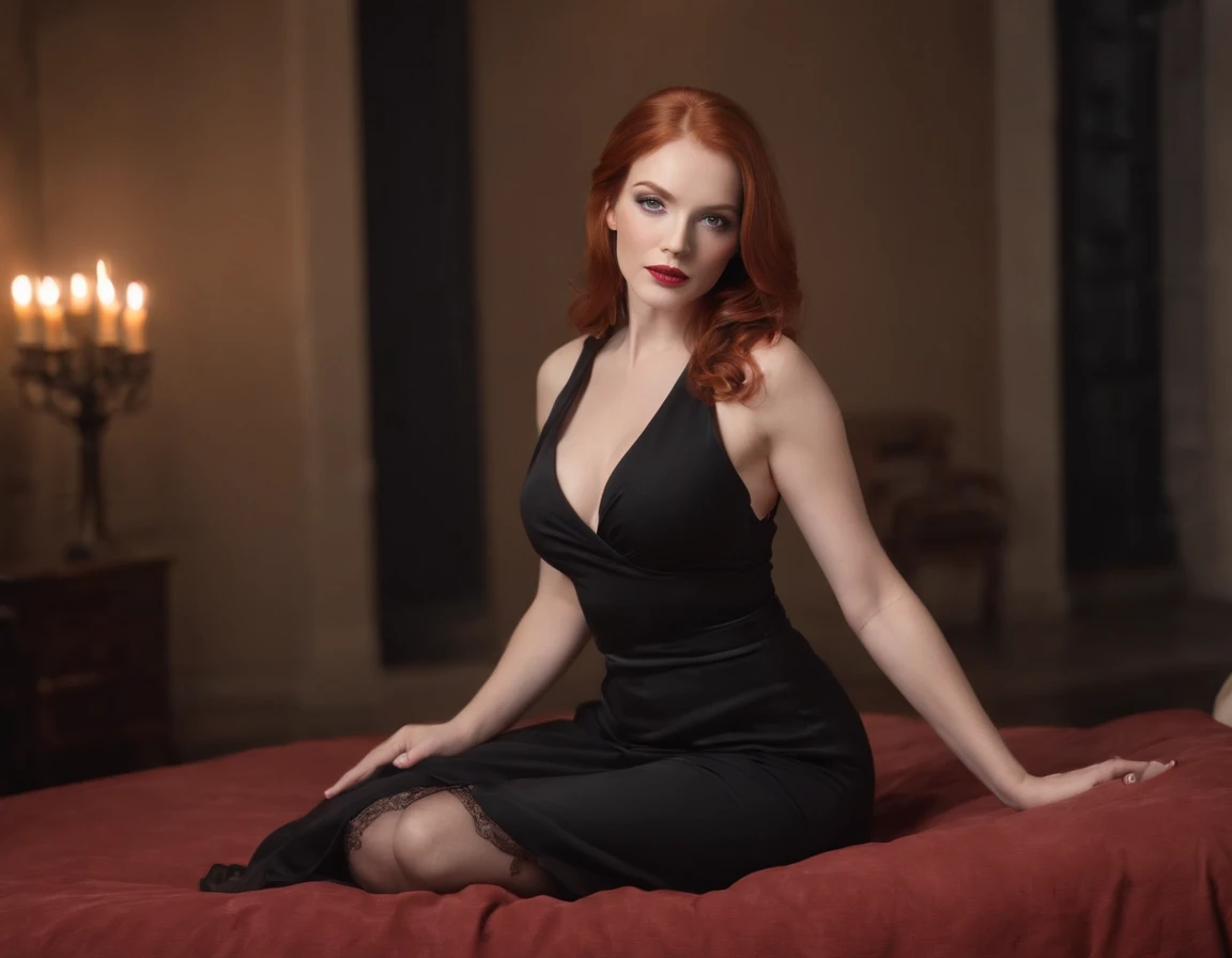 Stable Diffusion prompt: redhead in black dress, ginger hair, seductive gaze, long flowing red hair, black pantyhose, thick woman, busty, mommy, domme, dominatrix, black heels, beautiful, milf, on bed, intimate atmosphere, nighttime, soft lighting, fireplace in background, candles in background, motherly, alluring pose, vibrant colors, realistic details, high resolution (4k), photorealistic style, sensuous ambiance