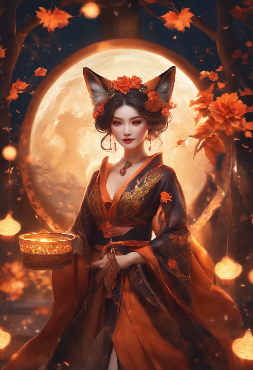 1girll,Solo,, offcial art, Unity 8k wallpaper, Ultra detailed, Beautiful and aesthetic, Beautiful, Masterpiece, Best quality,, Kitsune witch, kitsune mask, Haori jacket, Foxfire spell, The fox is familiar, Transformation,