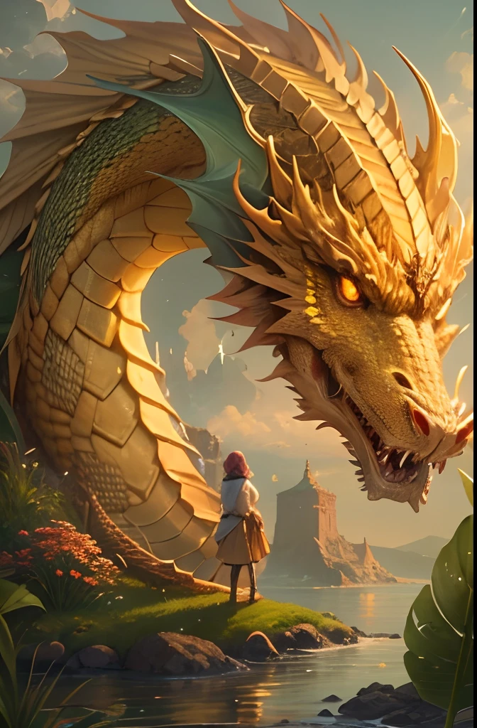 While exploring this magical realm, The Footsteps of the Children, Lila and Tom led them to a clearing where a figure of a dragon, com sua meiguice o aguardava. It was the golden dragon.
Different from all the dragons in fairy tales, it did not exude fire, but rather a soft golden light that illuminated the area around him. His eyes were as deep as the ocean and as wise as the stars. The sweet yellow dragon has to appear, Talking to the two children