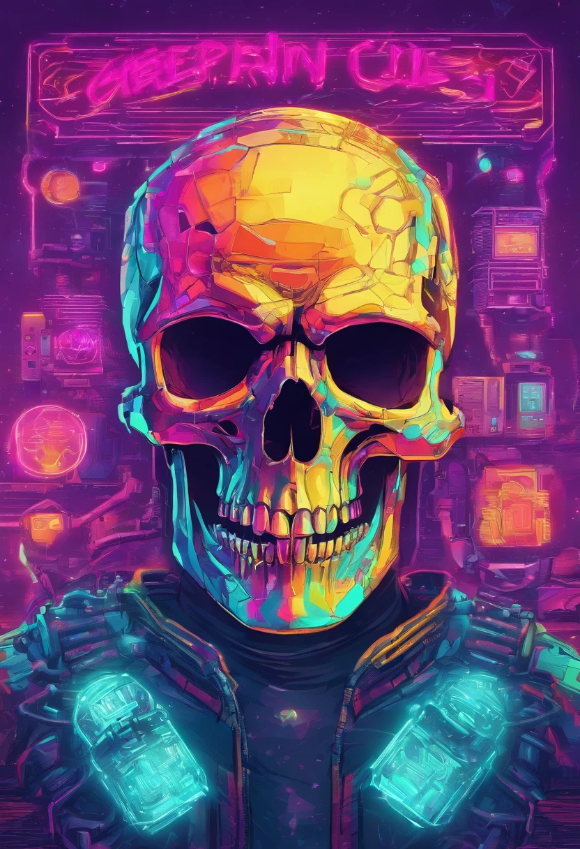 Skull in crystals, ciberpunk