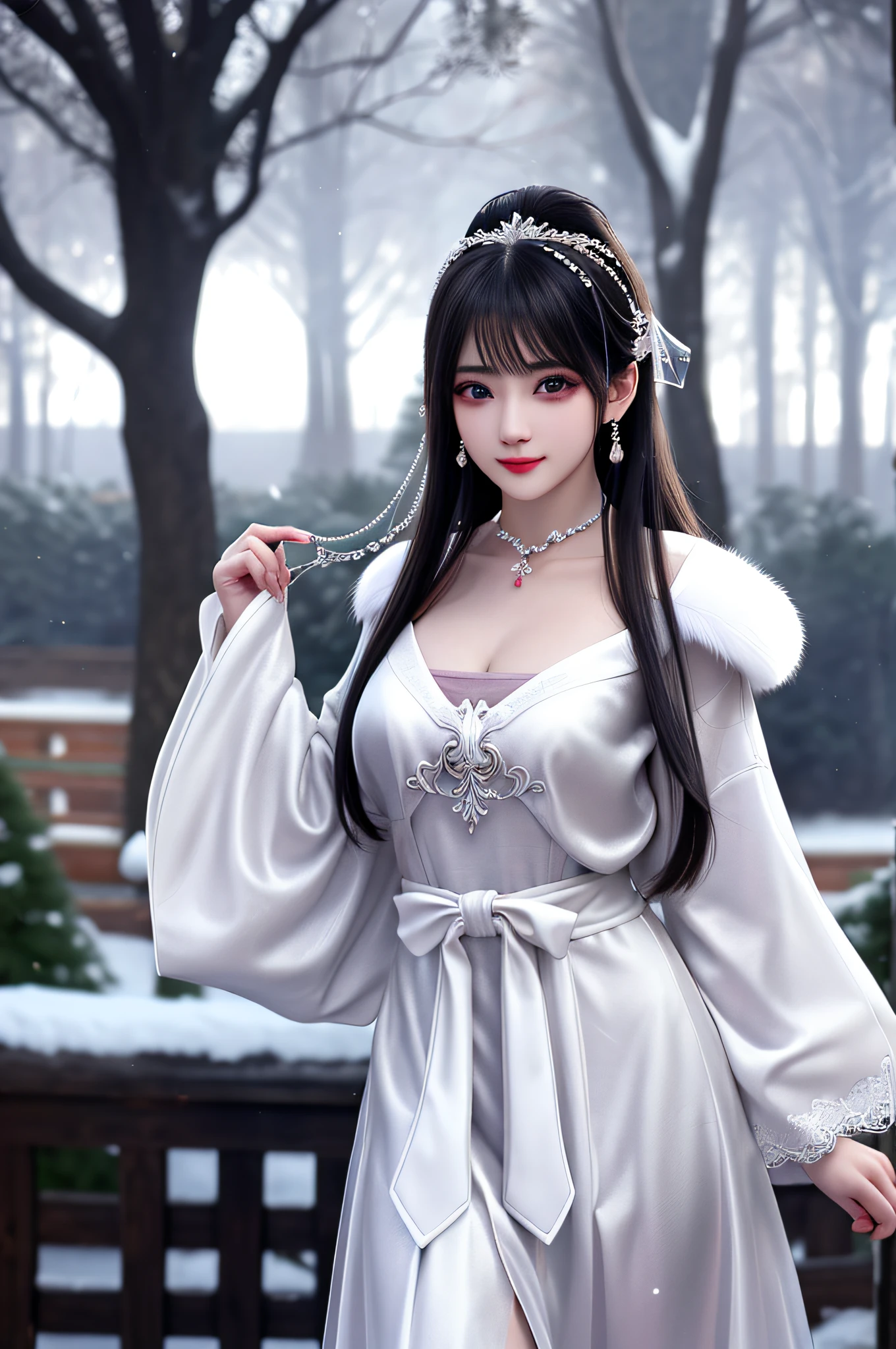 best qualityer,8K, tmasterpiece, A high resolution, 1girll, Clear silk porcelain dress, Fur coat, hair adornments, ssmile, Keep one's mouth shut, cparted lips,Large breasts,Shoulder, shift dresses, hair adornments, choker necklace, jewely, Chinese outfit, long whitr hair, 耳Nipple Ring, Detailed beautiful eyes, detailed eyelashes, beautiful face,after sexing_Body, Tyndall effect,realisticlying, edge lit, twotonelighting,(highdetailskin:1.2), 8K, Ultra HD, digital SLR camera, gentle illumination, high high quality, Volumetriclighting, Frankness, photore, A high resolution, Bokeh, at a forest, Falling snow, Winters, in the afternoon