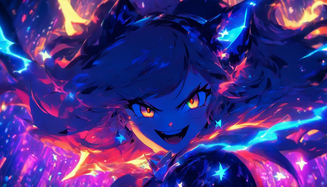 (Masterpiece, Best quality), ((1girll, (Mature female) Long hair), (Star-shaped pupils, +_+, pupils in symbol shapes, Sparkling eyes), (Cat ears, open open mouth)), (view the viewer, Light smile, cropped shoulders), (abstracted, multicolored background, abstract backgrounds, color difference), Vampire, blood in face, Blood on clothes, Bat wings