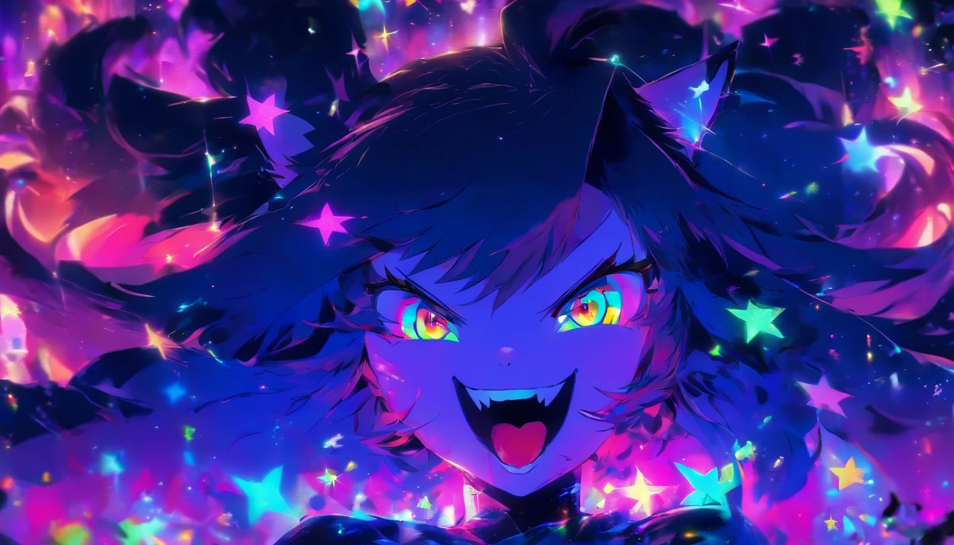 (Masterpiece, Best quality), ((1girll, (Mature female) Long hair), (Star-shaped pupils, +_+, pupils in symbol shapes, Sparkling eyes), (Cat ears, open open mouth)), (view the viewer, Light smile, cropped shoulders), (abstracted, multicolored background, abstract backgrounds, color difference), Vampire, blood in face, Blood on clothes, Bat wings