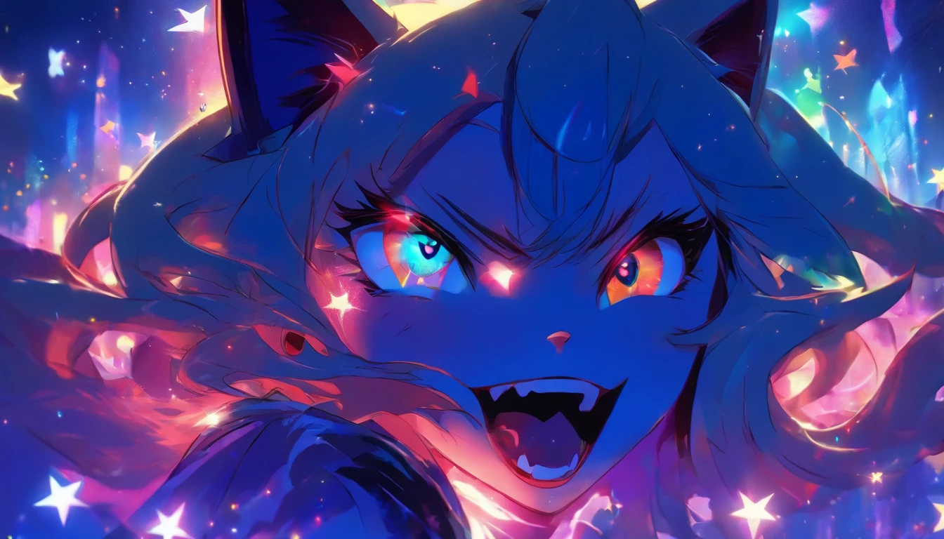 (Masterpiece, Best quality), ((1girll, (Mature female) Long hair), (Star-shaped pupils,  +_+, pupils in symbol shapes, Sparkling eyes), (Cat ears, open open mouth)), (view the viewer, Light smile, cropped shoulders), (abstracted, multicolored background, abstract backgrounds, color difference), Vampire, blood in face, Blood on clothes, Bat wings