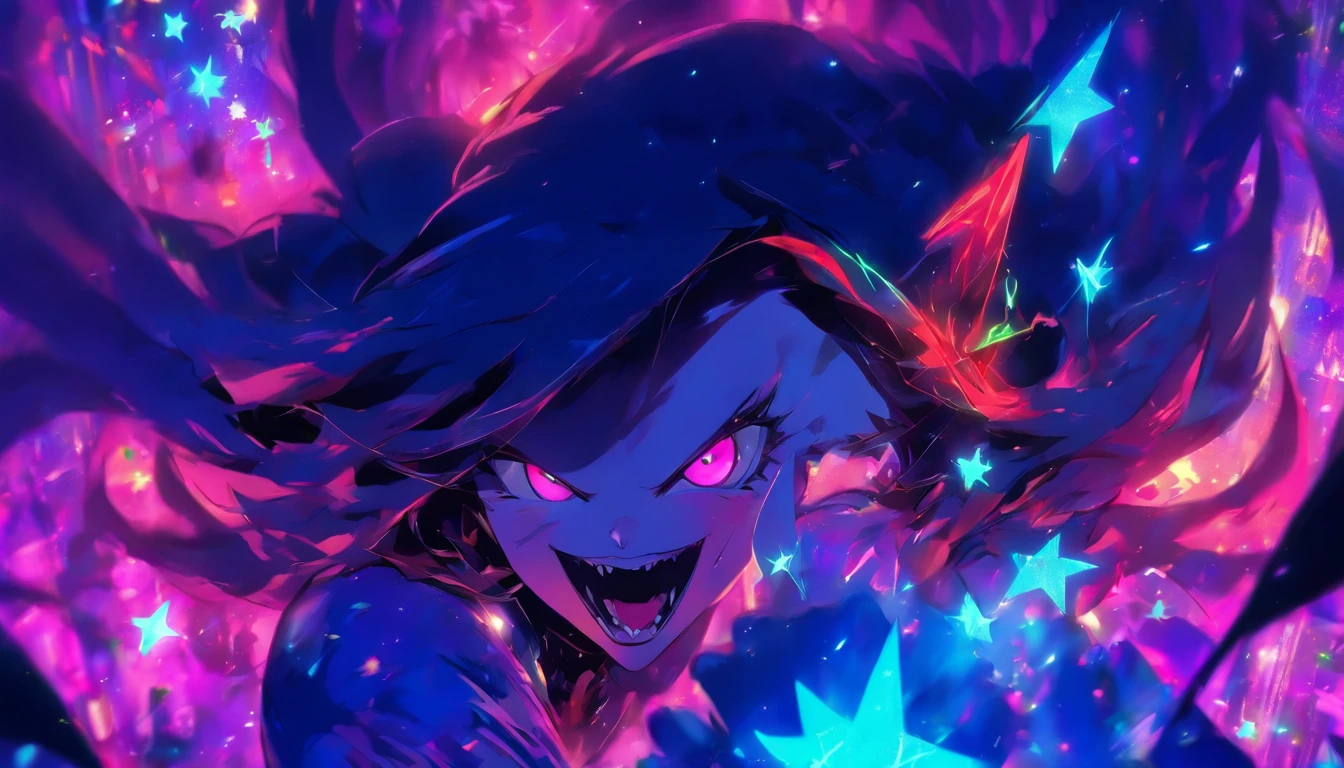 (Masterpiece, Best quality), ((1girll, (Mature female) Long hair), (Star-shaped pupils,  +_+, pupils in symbol shapes, Sparkling eyes), (Cat ears, open open mouth)), (view the viewer, Light smile, cropped shoulders), (abstracted, multicolored background, abstract backgrounds, color difference), Vampire, blood in face, Blood on clothes, Bat wings