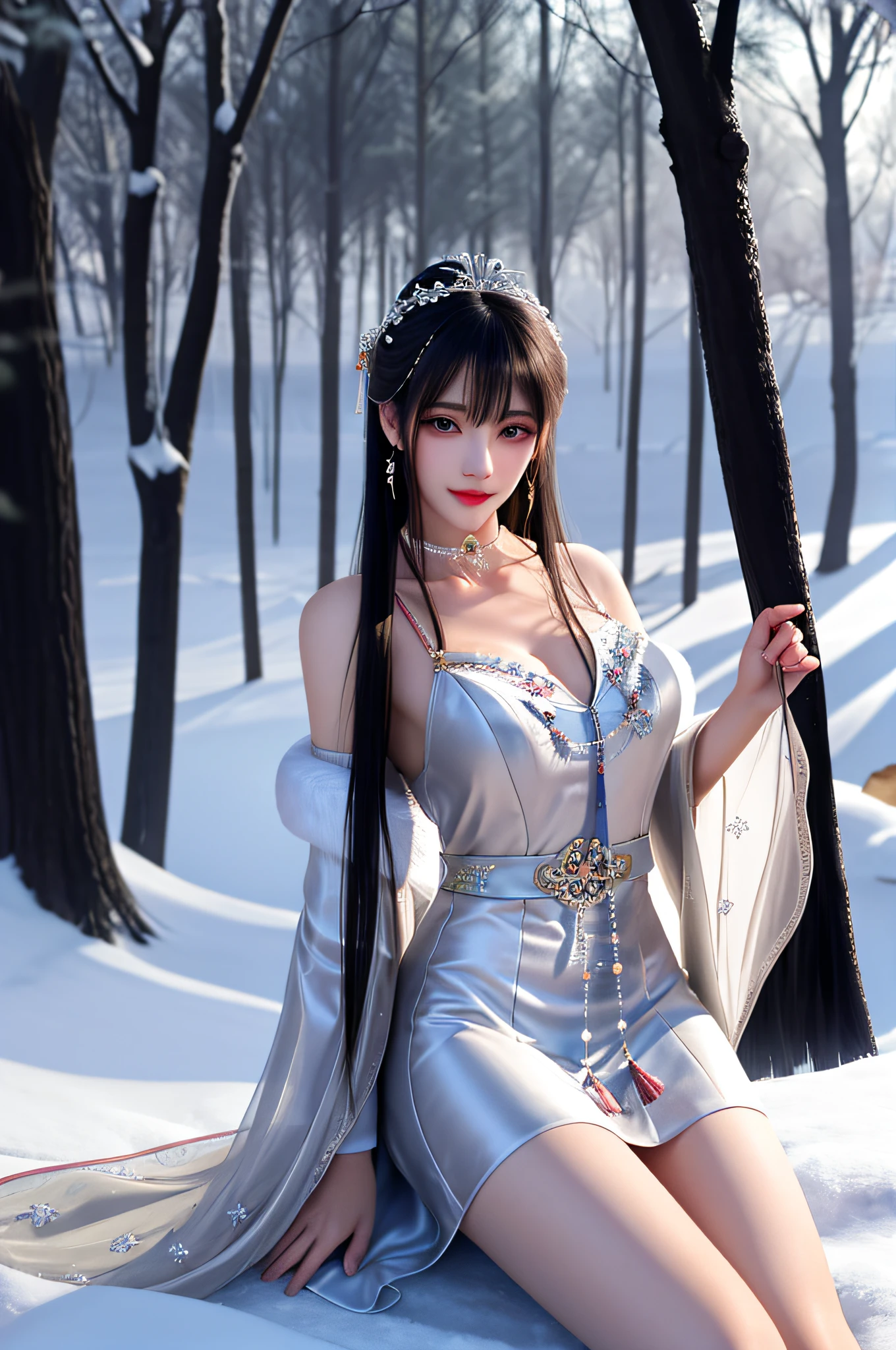 best qualityer,8K, tmasterpiece, A high resolution, 1girll, Clear silk porcelain dress, Fur coat, hair adornments, ssmile, Keep one's mouth shut, cparted lips,Large breasts,Shoulder, shift dresses, hair adornments, choker necklace, jewely, Chinese outfit, long whitr hair, 耳Nipple Ring, Detailed beautiful eyes, detailed eyelashes, beautiful face,after sexing_Body,Slender and long legs, Tyndall effect,realisticlying, edge lit, twotonelighting,(highdetailskin:1.2), 8K, Ultra HD, digital SLR camera, gentle illumination, high high quality, Volumetriclighting, Frankness, photore, A high resolution, Bokeh, at a forest, Falling snow, Winters, in the afternoon