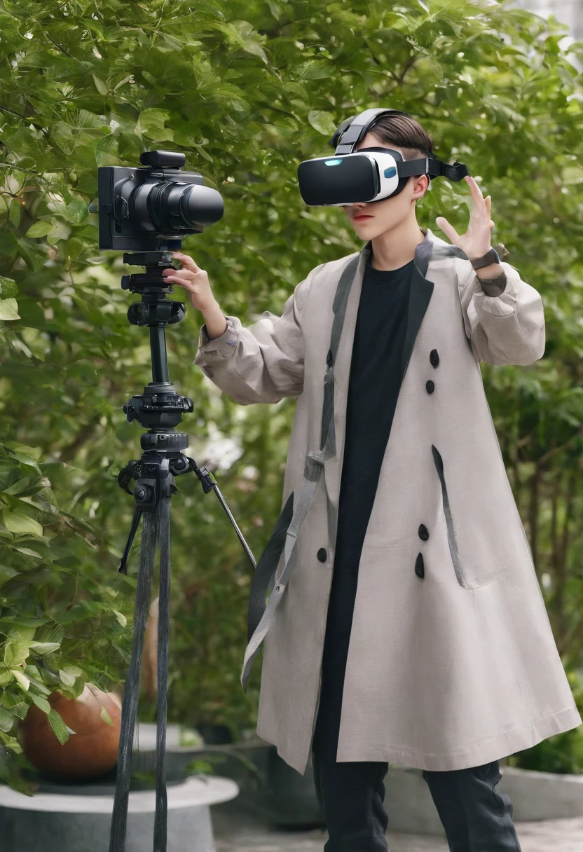 (Boys use VR、AR、cameras、camera、Painting related elements、UAVs、mapping tools, etc))People drawing items to take pictures of the tree-lined little park --auto