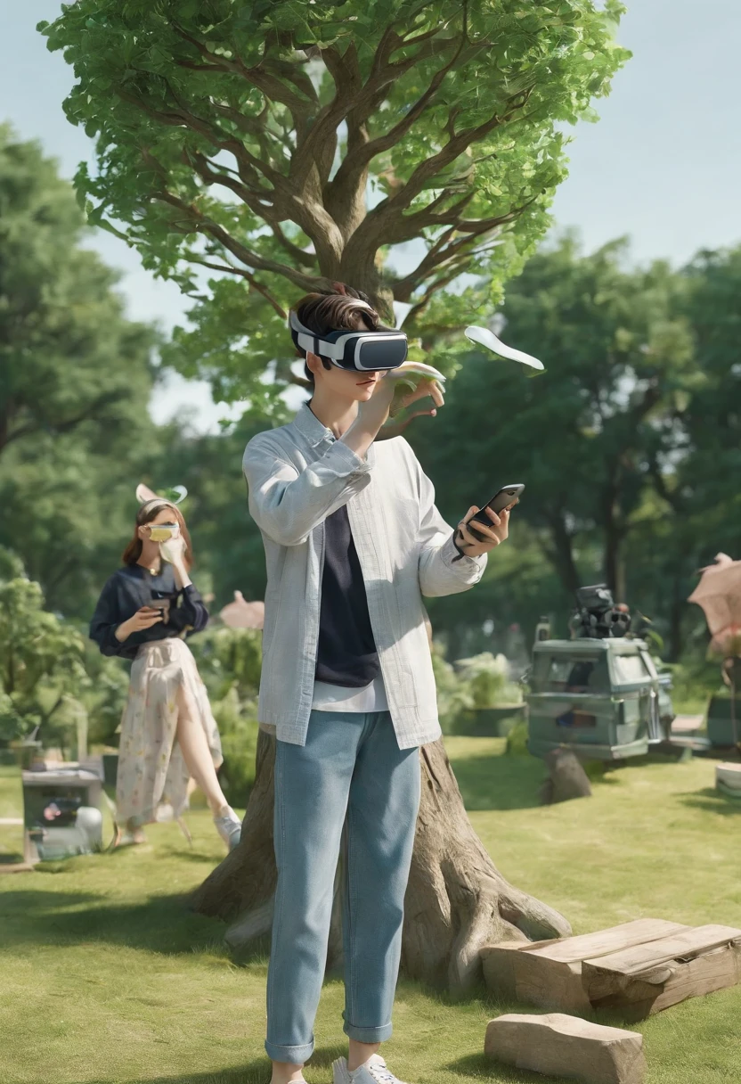 (Boys use VR、AR、cameras、camera、Painting related elements、UAVs、mapping tools, etc))People drawing items to take pictures of the tree-lined little park --auto