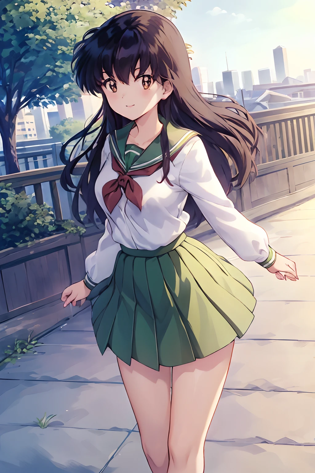 巨作, (Best Quality), 1Woman,1girl  Kagome Higurashi, brown eyes, full body,nature green , perfect eyes, perfect face, perfect lighting, outdoors, warm colors, city, school uniform, happy, , walking,, smile, green++, thighs thicc, Curvel girl, short skirt