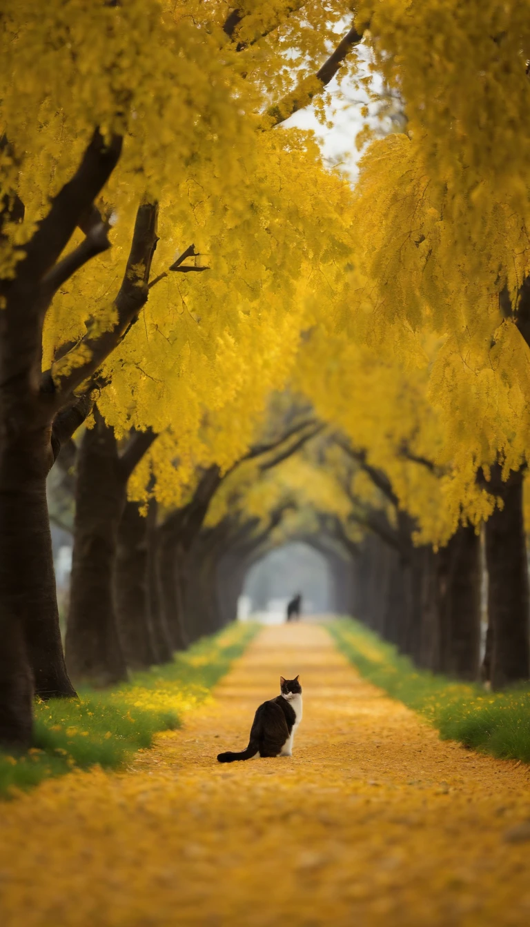 Cat strolling along a ginkgo tree avenue