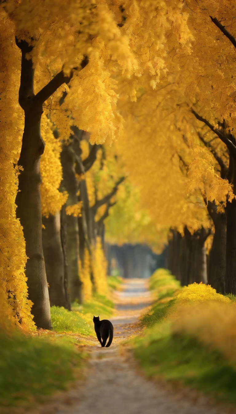 Cat strolling along a ginkgo tree avenue